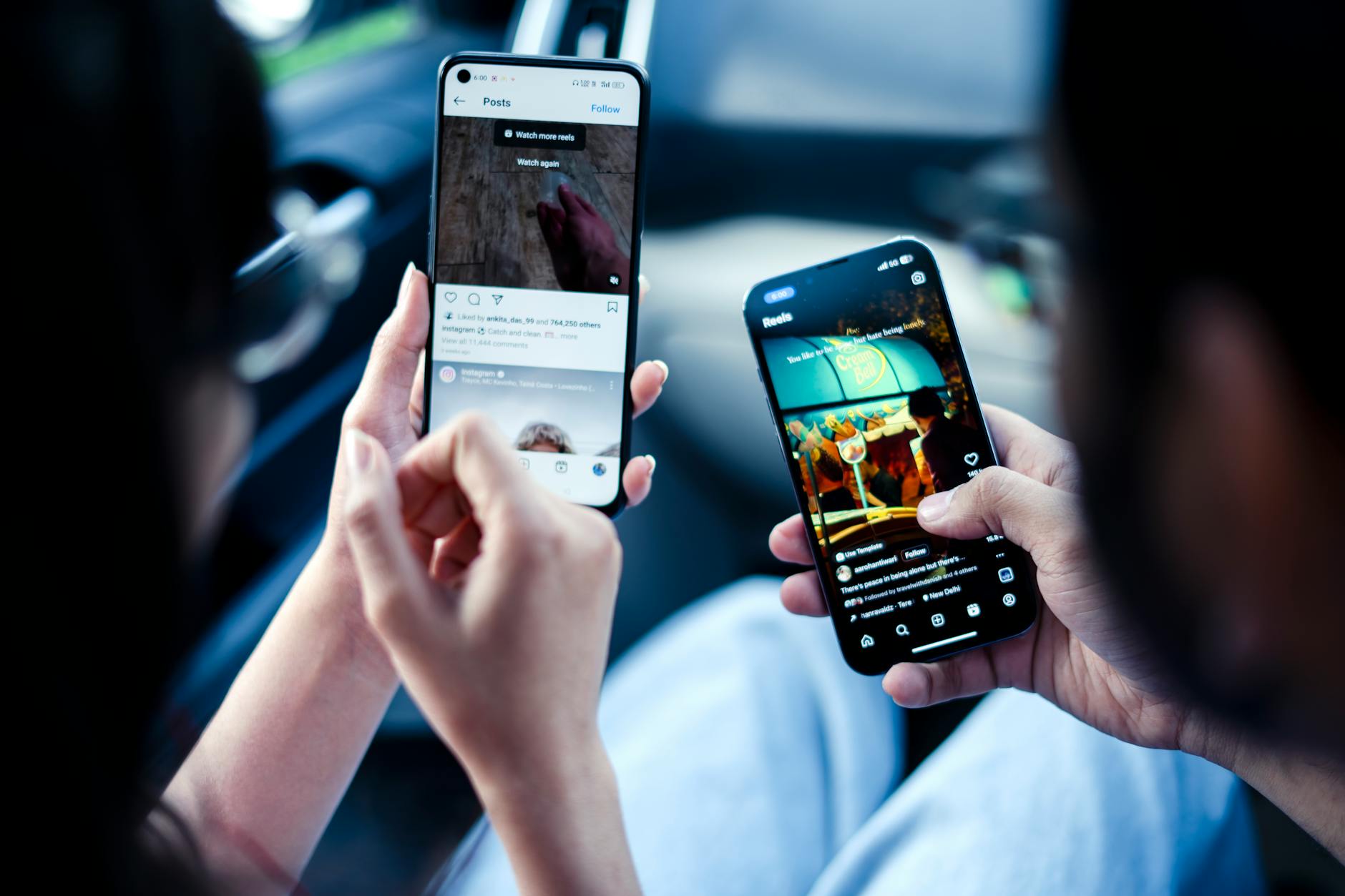 couple using instagram in car