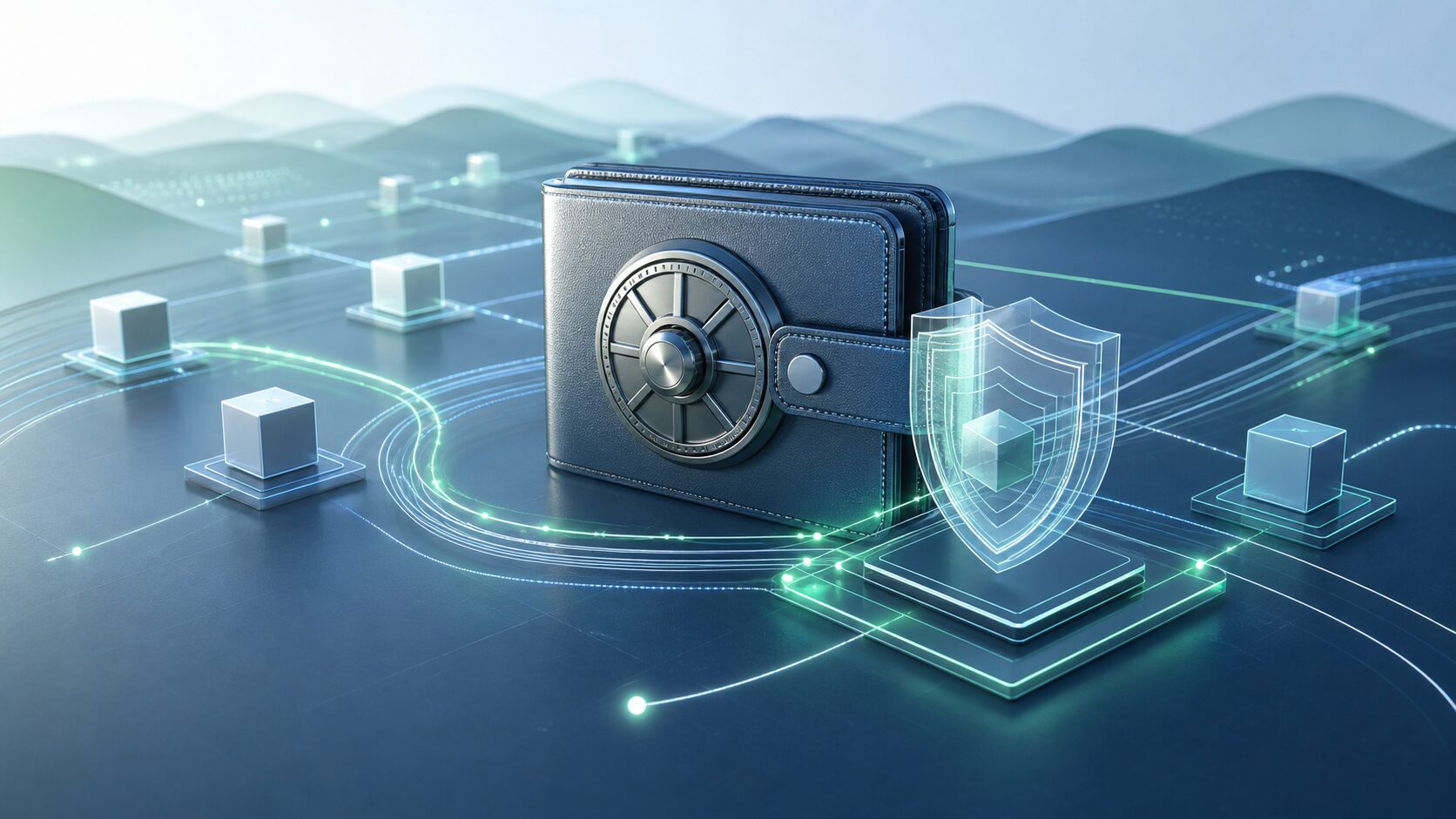 仮想通貨の送金経路、ウォレット保管、セキュリティ管理を抽象的に表したビジネス向けの編集画像