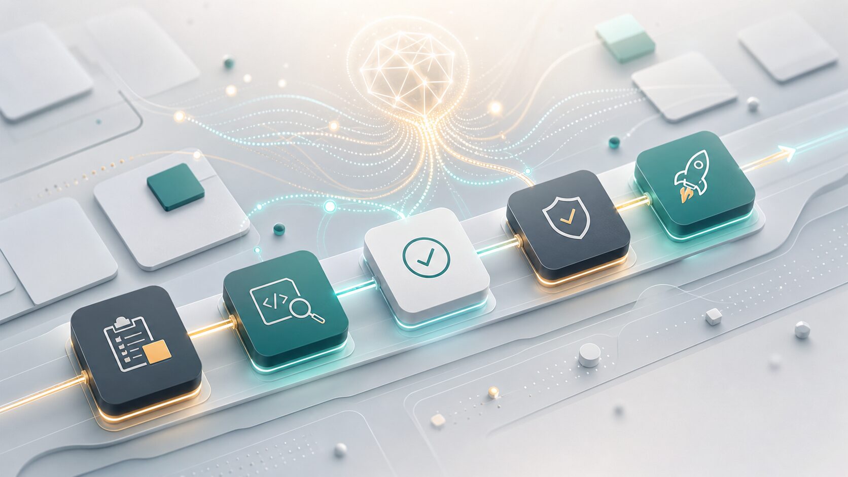 ソフトウェア開発の工程が整理され、AI支援とレビューが連携している様子を表した抽象的なイメージ