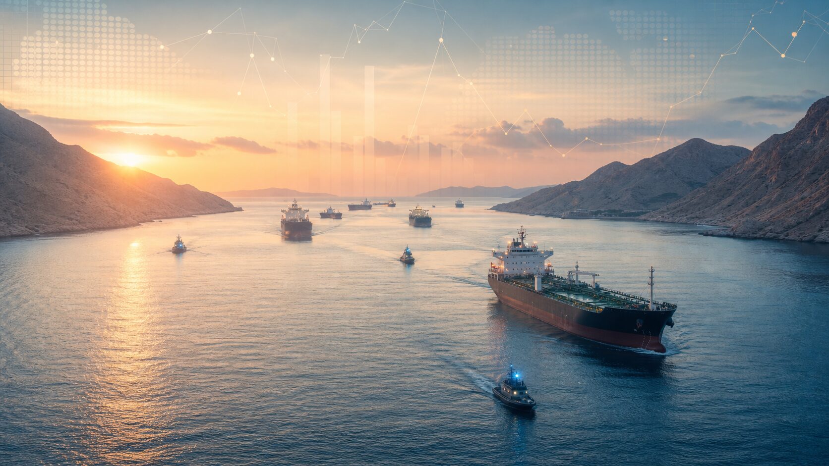 Abstract editorial image of cargo ships passing through the Strait of Hormuz amid energy market tension