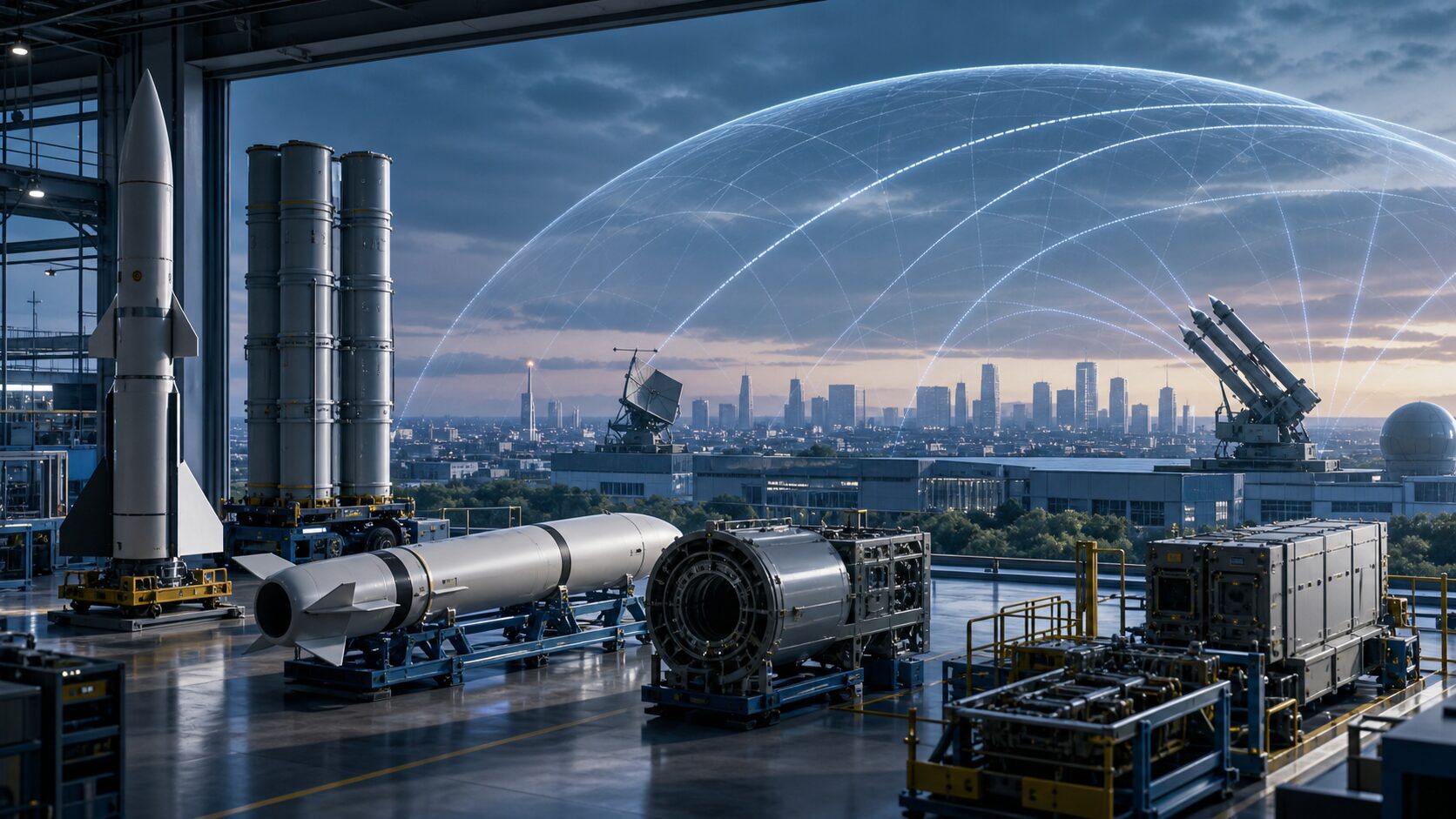 防空ミサイル生産と都市防衛を象徴する工場の編集画像