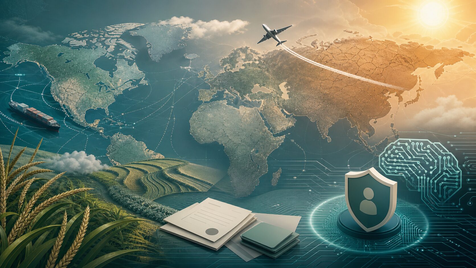 地図、航路、農地、航空機、回路を組み合わせた世界ニュースの抽象的な編集画像