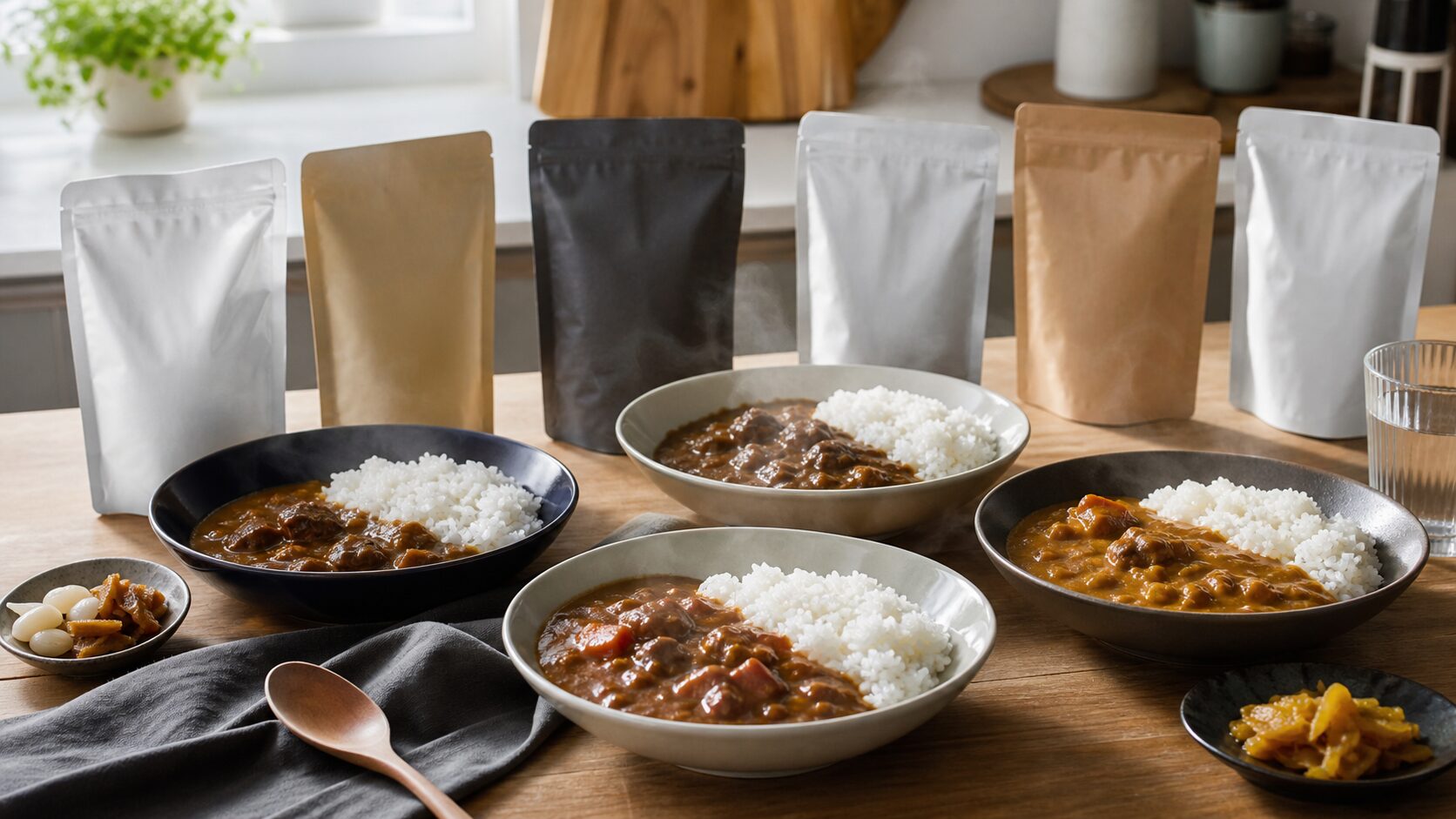 食卓に置かれたカレーライスと無地のレトルト食品パウチを並べたイメージ