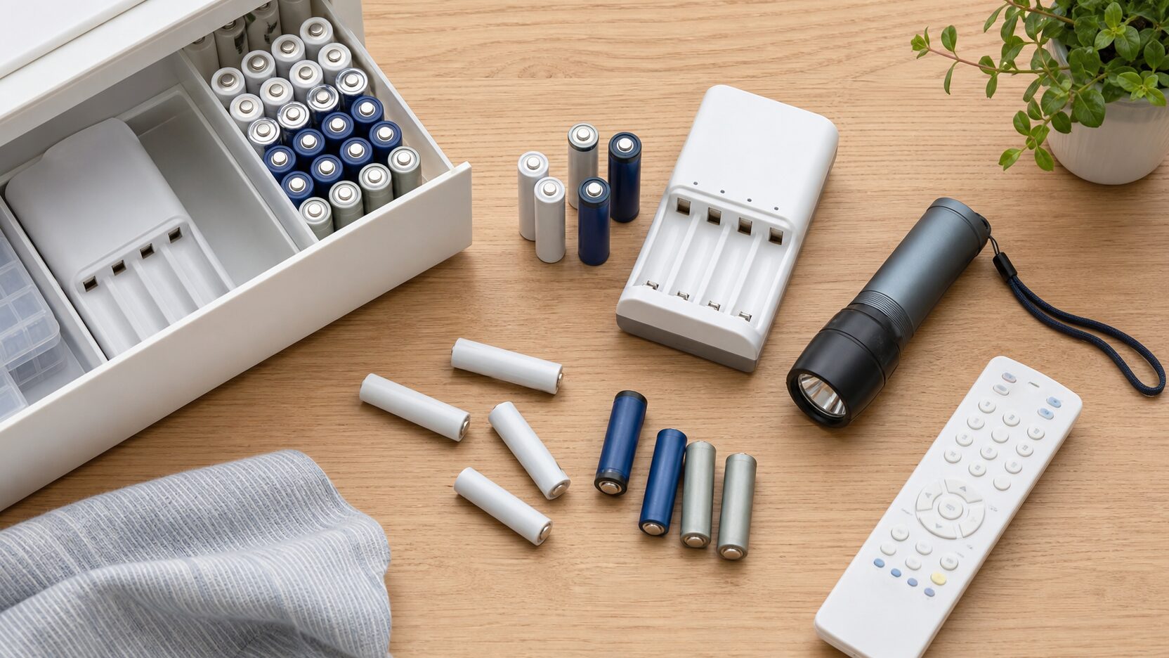木目の卓上に単3形と単4形の電池、充電池、ライト、リモコンを並べた買い置きのイメージ
