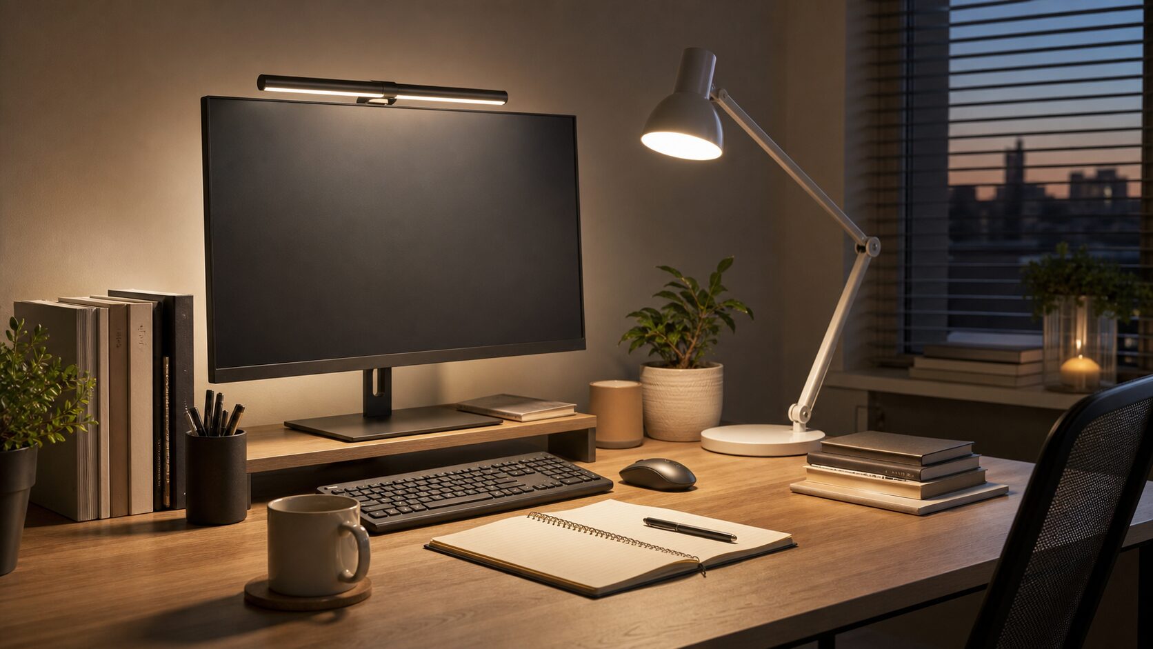 デスクライトとモニターライトが作業机を照らしている在宅ワーク向けのイメージ