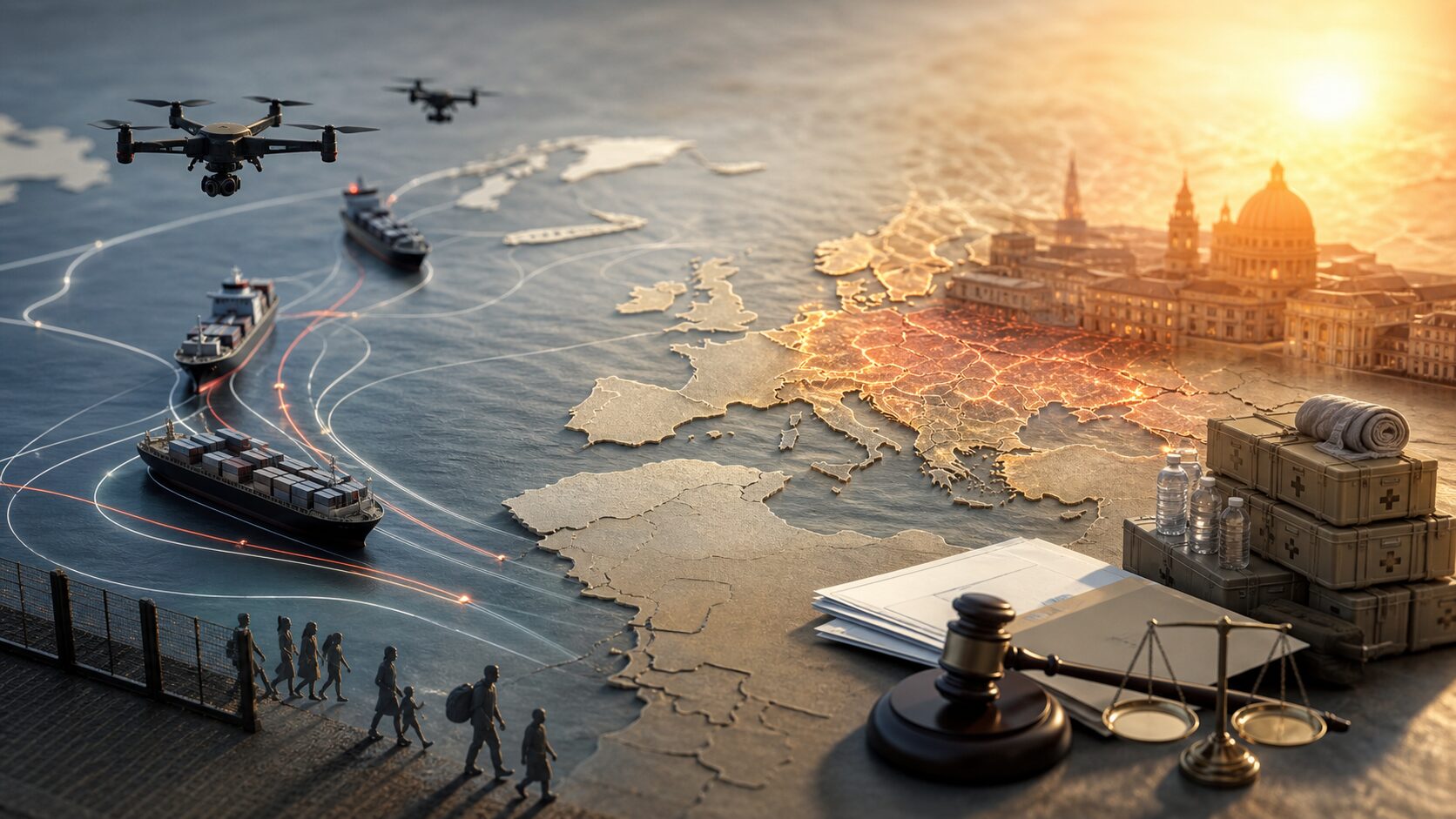 世界地図、航路、ドローン、熱波、支援物資、法文書を象徴的に配置した世界ニュースのアイキャッチ画像