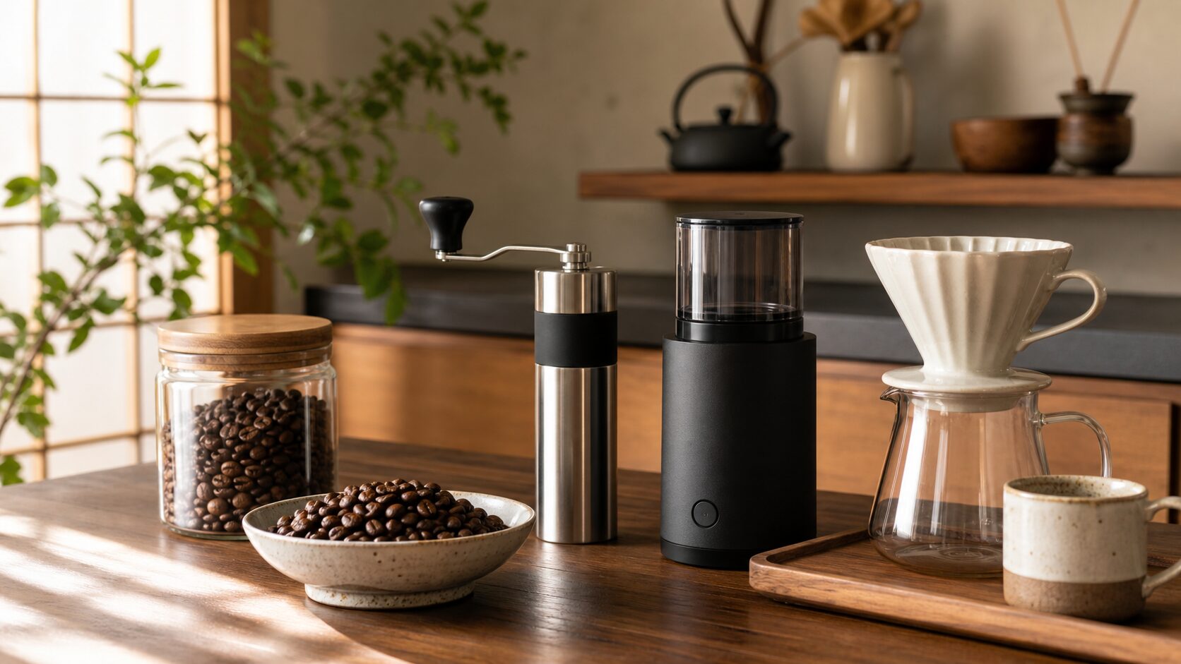 木製カウンターにコーヒー豆、ドリッパー、手挽きミル、電動ミル風の器具を並べたコーヒーミル比較記事のイメージ