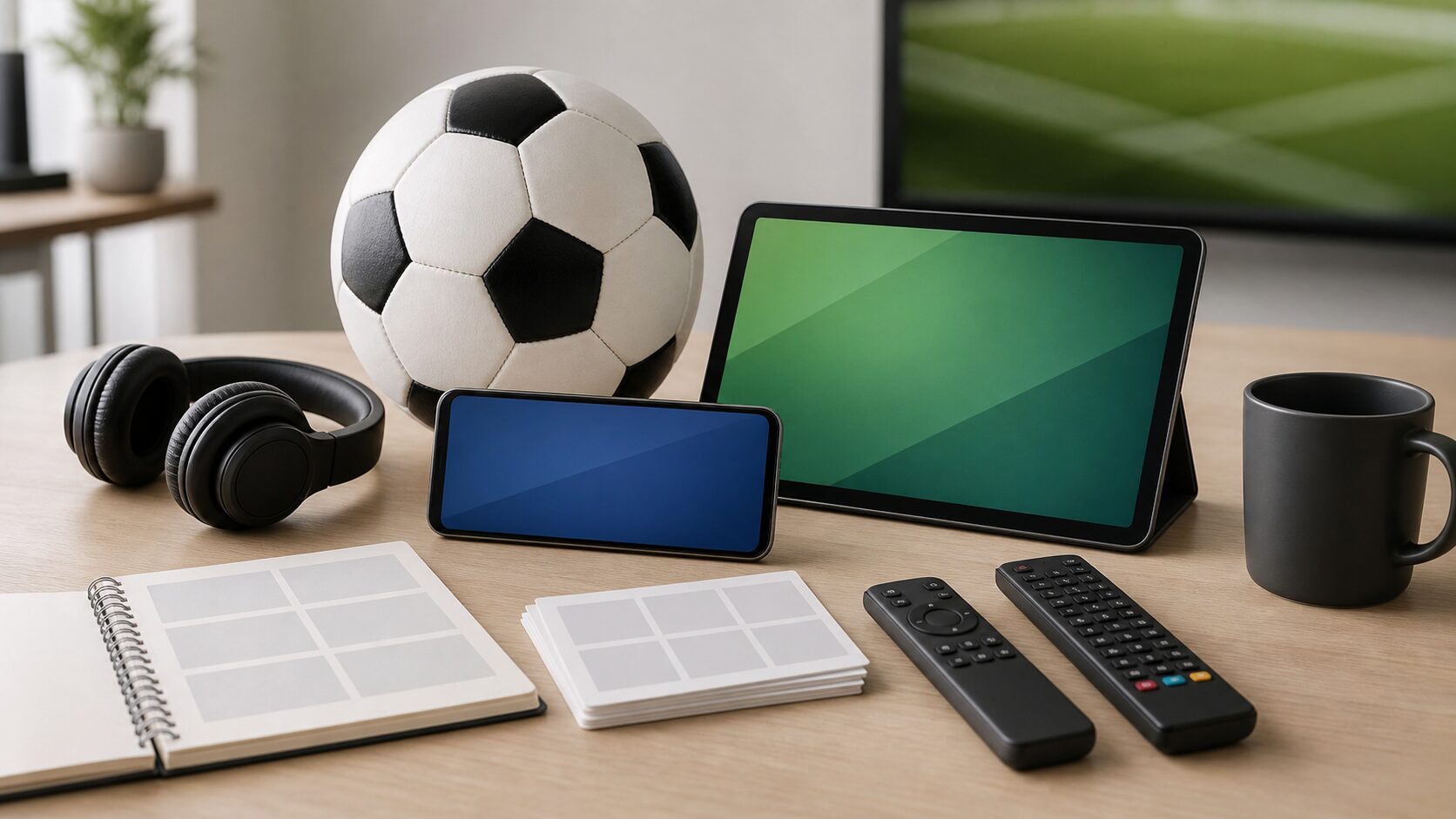 サッカーボール、リモコン、スマートフォン、タブレットを並べたスポーツ中継と配信視聴のイメージ
