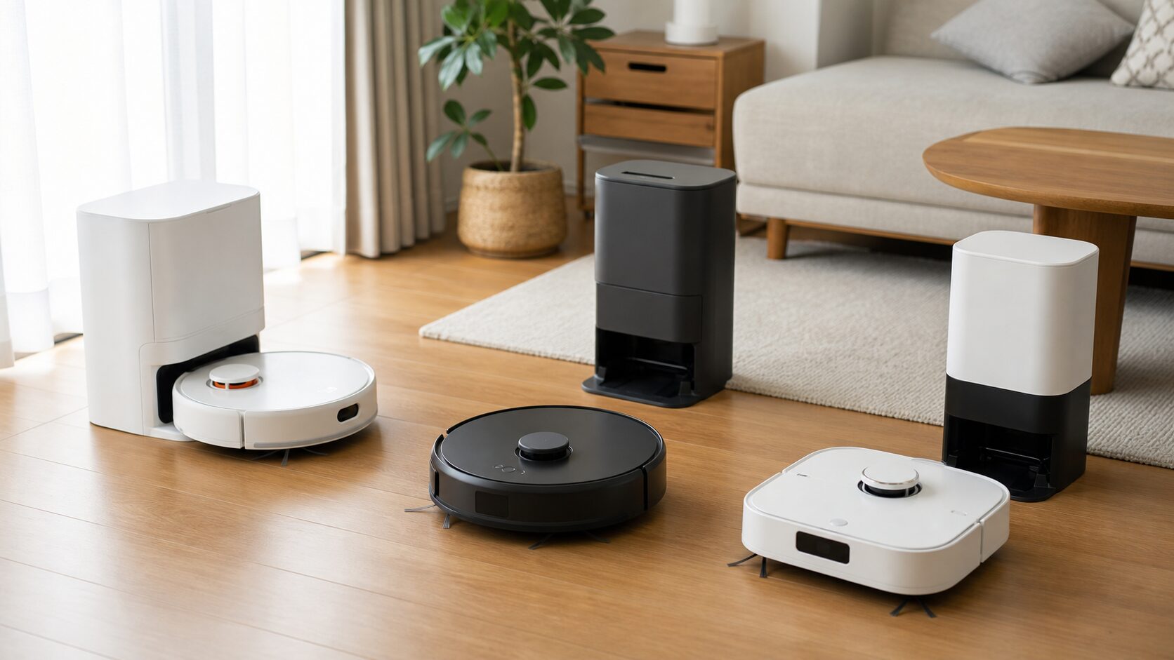 明るいリビングの床に置かれた複数の汎用ロボット掃除機と充電ステーション