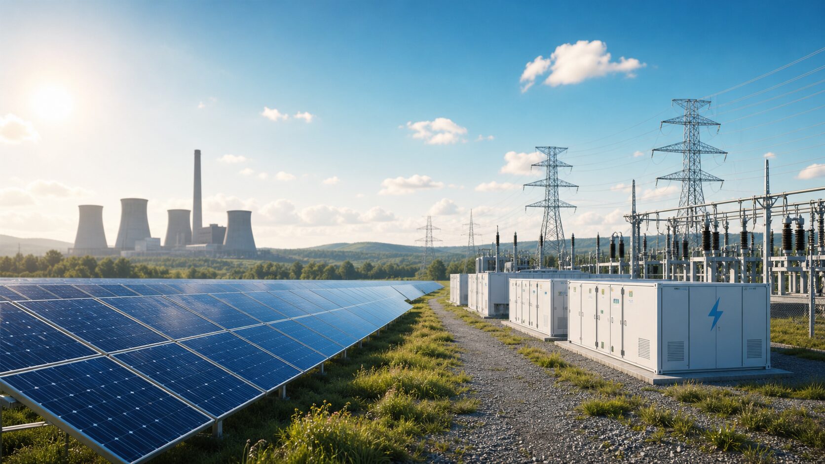 太陽光パネルと蓄電設備が送電網につながり、米国の電力構成の変化を象徴する編集用イメージ