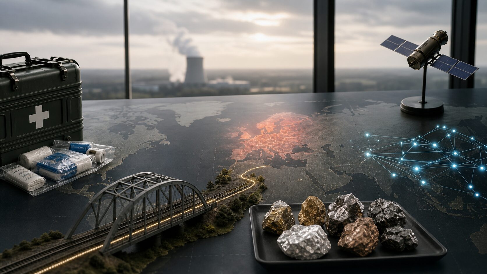 世界地図の上に医療キット、鉱物、衛星模型、エネルギー施設、通信ノードが並ぶ国際ニュースの象徴的な編集画像