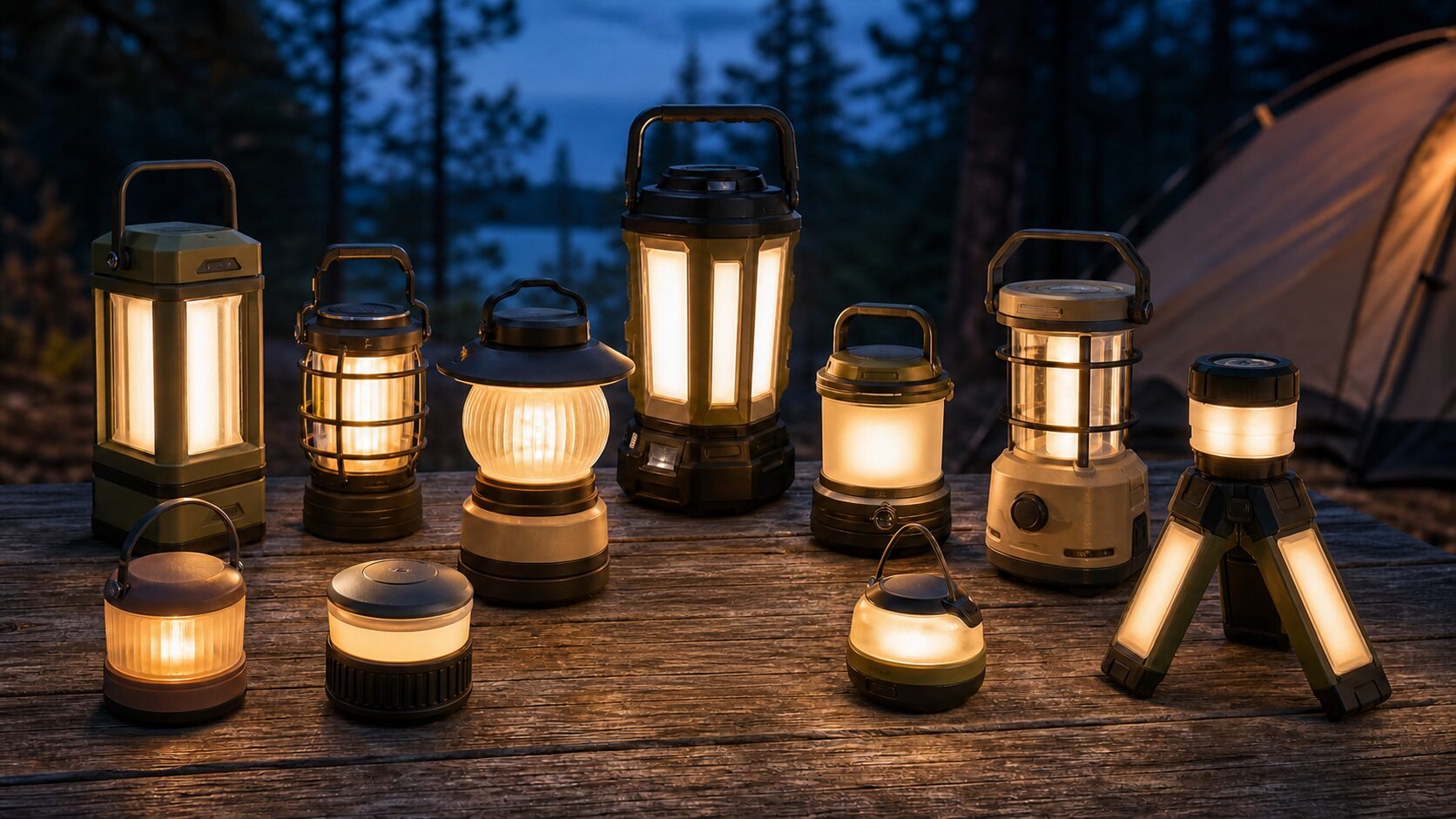 夕暮れのキャンプテーブルに並ぶ形の異なるLEDランタン