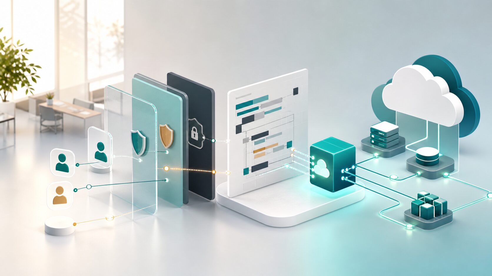 Claudeの業務活用に向けた権限、データ、レビュー設計を抽象的に表したイメージ