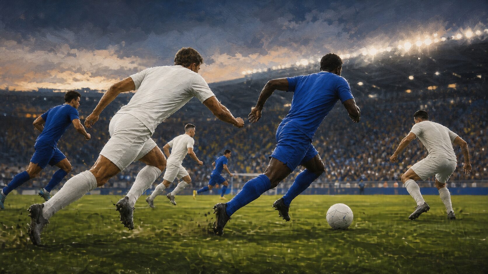 青と白のユニフォームの選手がサッカー場でボールを競り合う場面を描いたイラスト