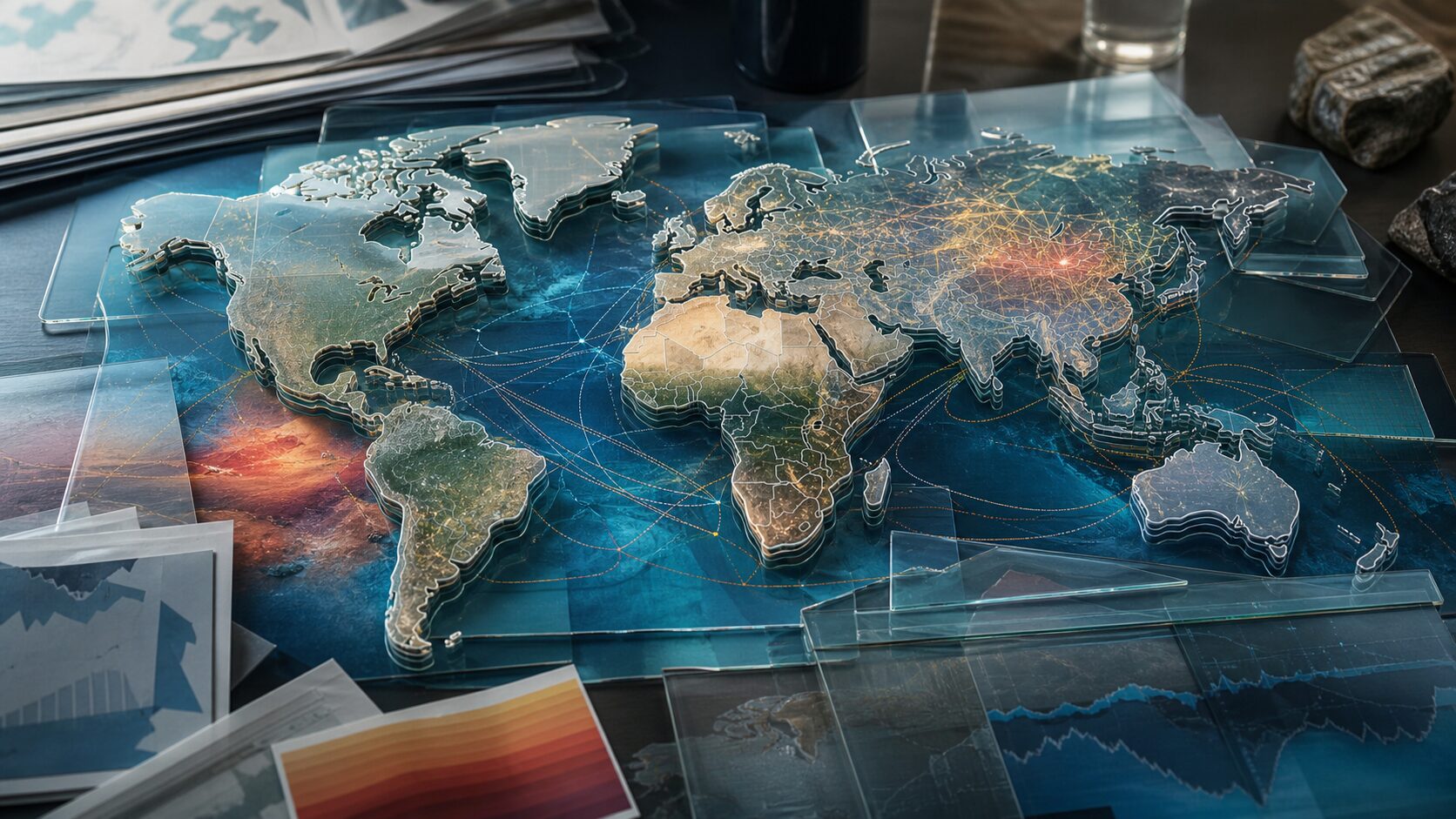 世界地図、航路、エネルギー網、政策文書を重ねたニュース解説用の抽象的なイメージ