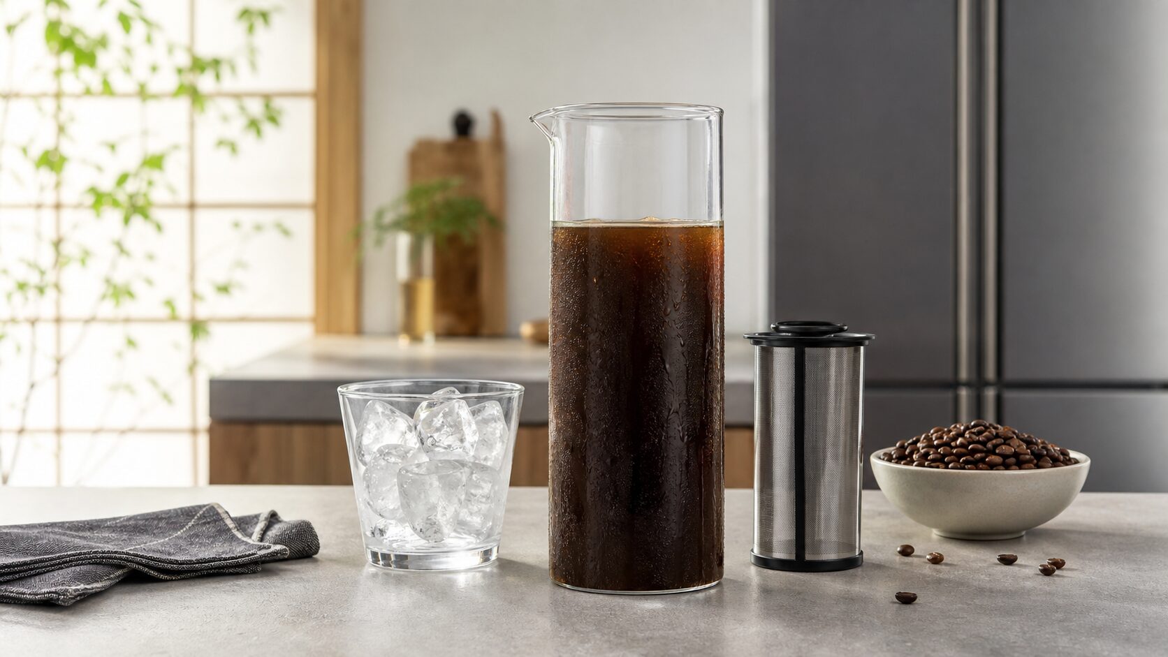 水出しコーヒーを入れた透明なガラスピッチャーと氷入りグラスの夏らしいキッチン風景