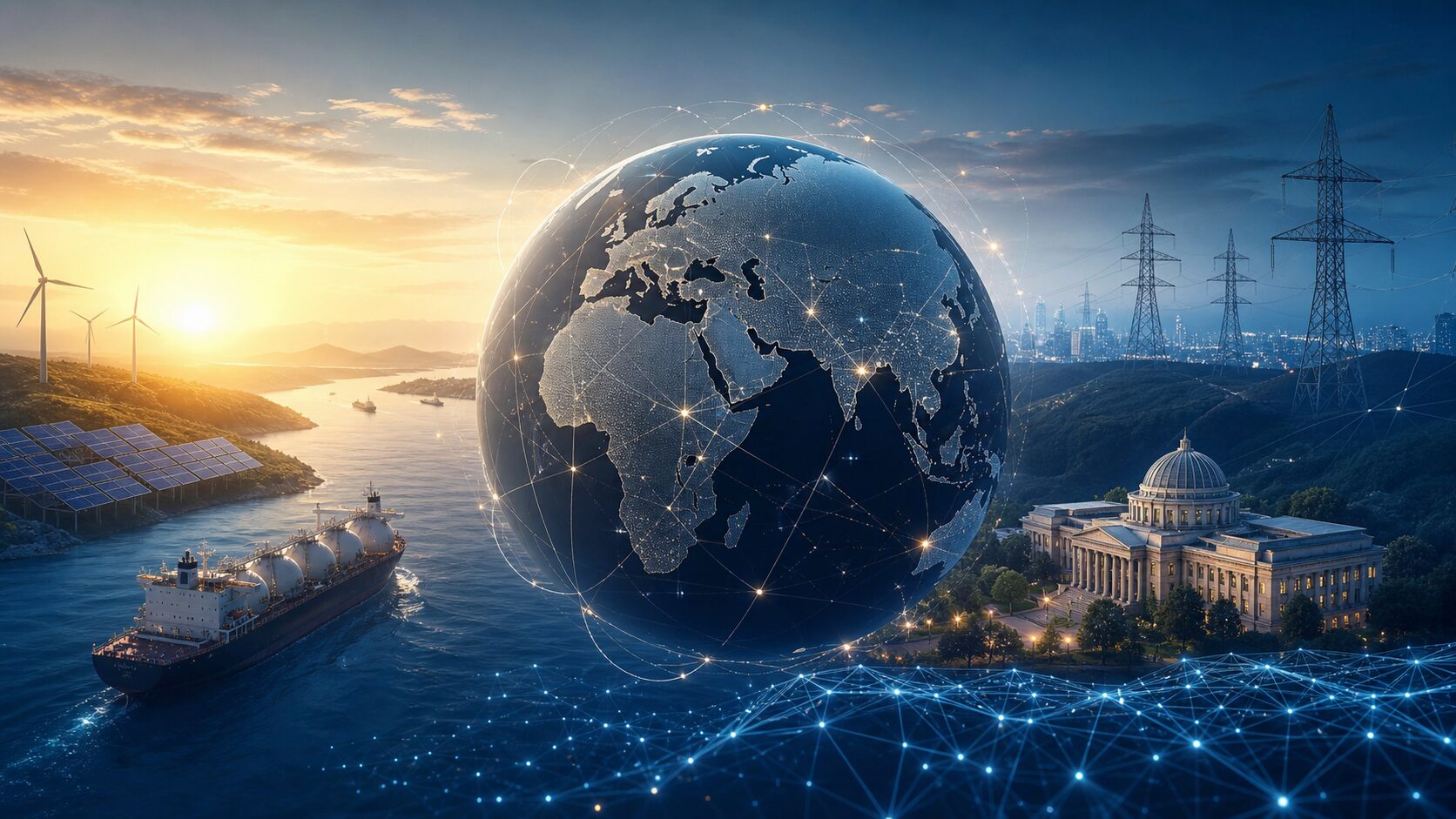 地球儀の周囲にエネルギー網、気候、金融、サイバー安全を示す抽象的な線が広がる国際ニュースのイメージ