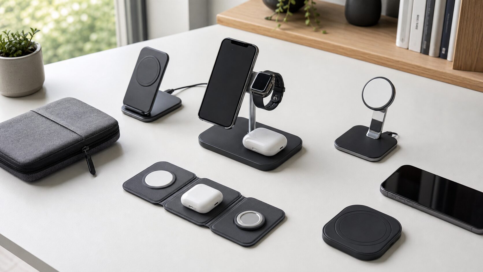 スマートフォン、イヤホン、腕時計をワイヤレス充電器に置いたデスク上のイメージ