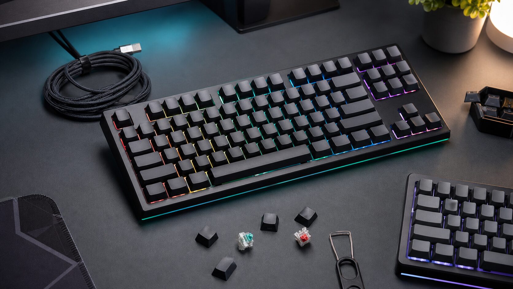 発光するゲーミングキーボードとキーキャップを並べたデスク上のイメージ