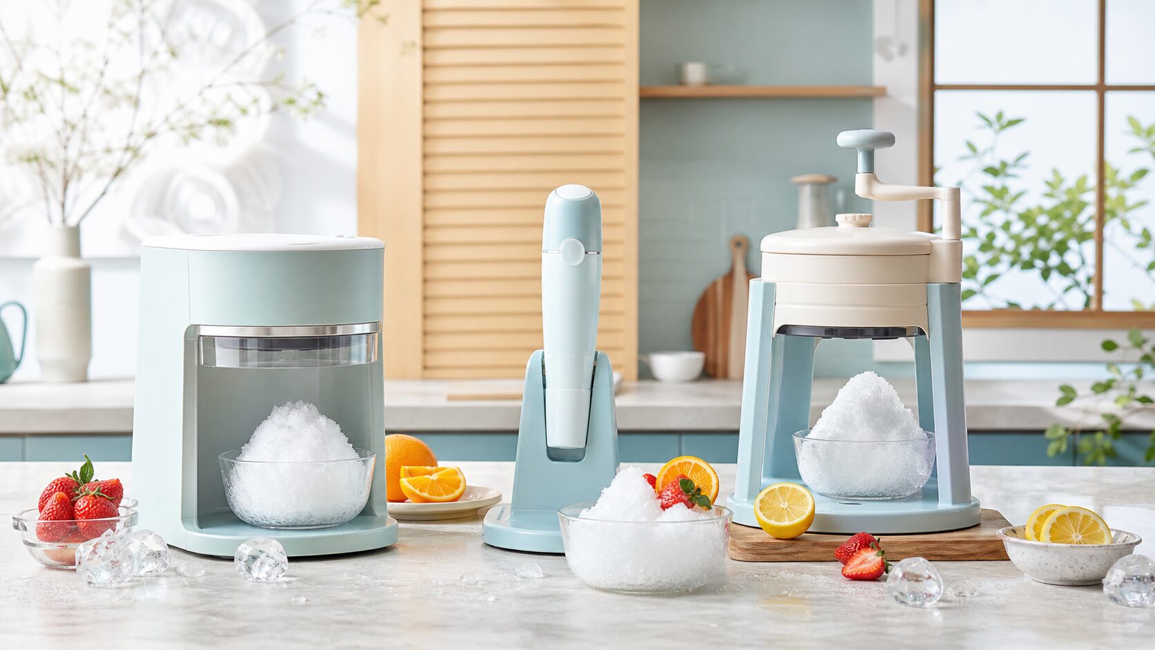 電動式と手動式のかき氷器と、涼しげなかき氷を並べた夏のキッチン
