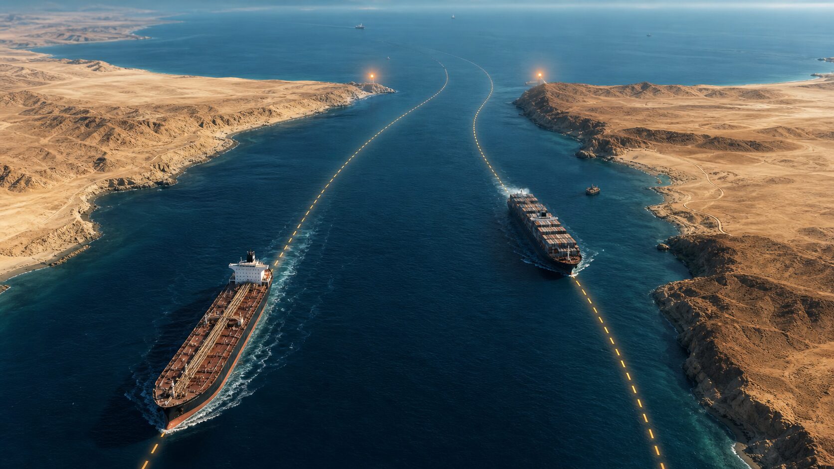 ホルムズ海峡と紅海航路の緊張を示す、二つの海上輸送路と貨物船の概念図
