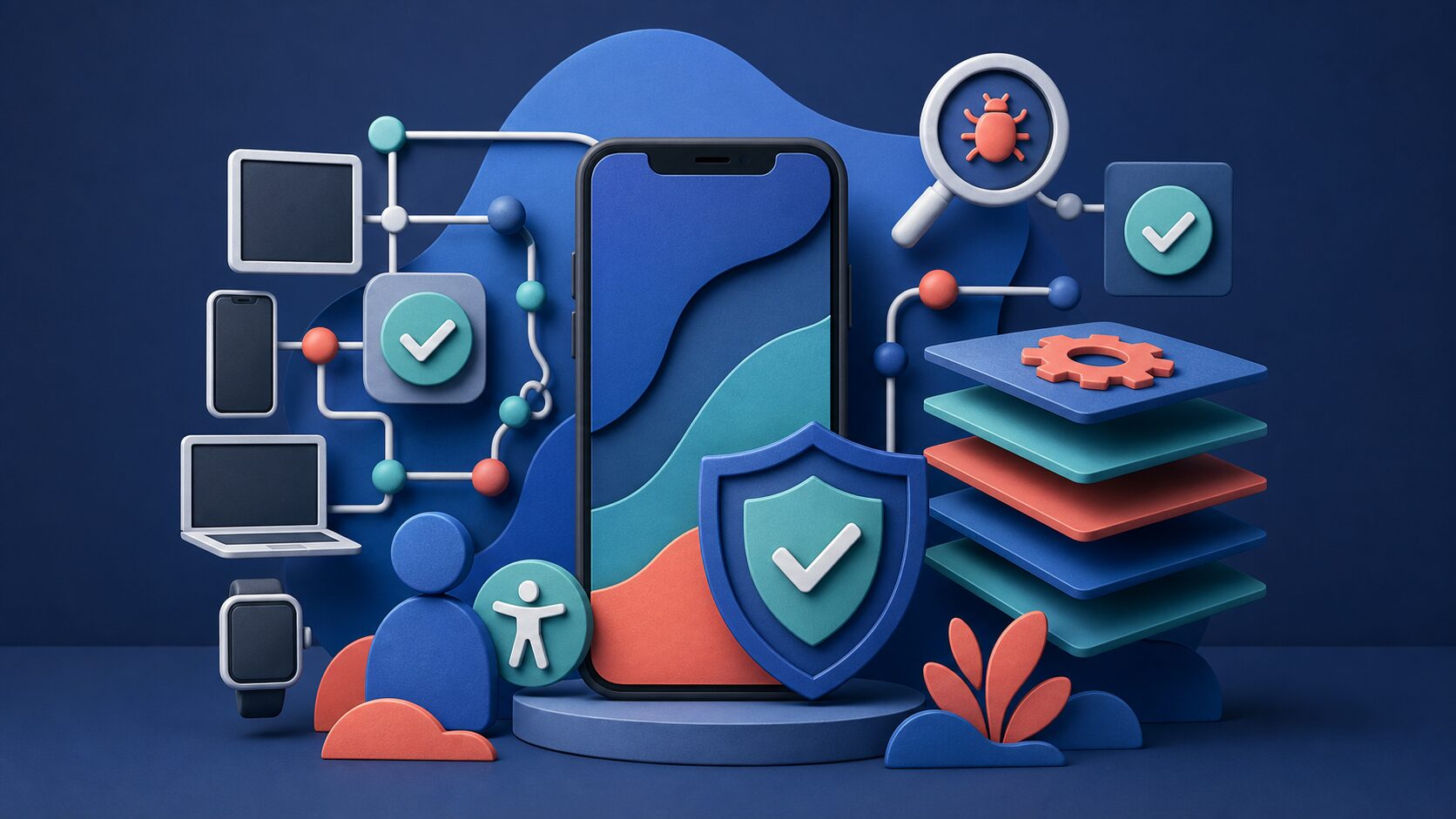 スマートフォンを中心に、端末テスト、確認項目、保護、接続、アクセシビリティを抽象図形で表した編集イラスト