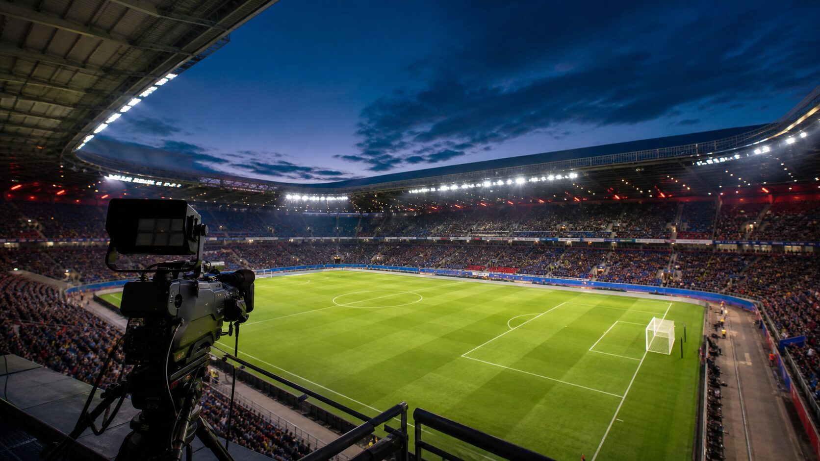 夕暮れの大規模サッカースタジアムで、照明に照らされたピッチと中継カメラを望む俯瞰イメージ