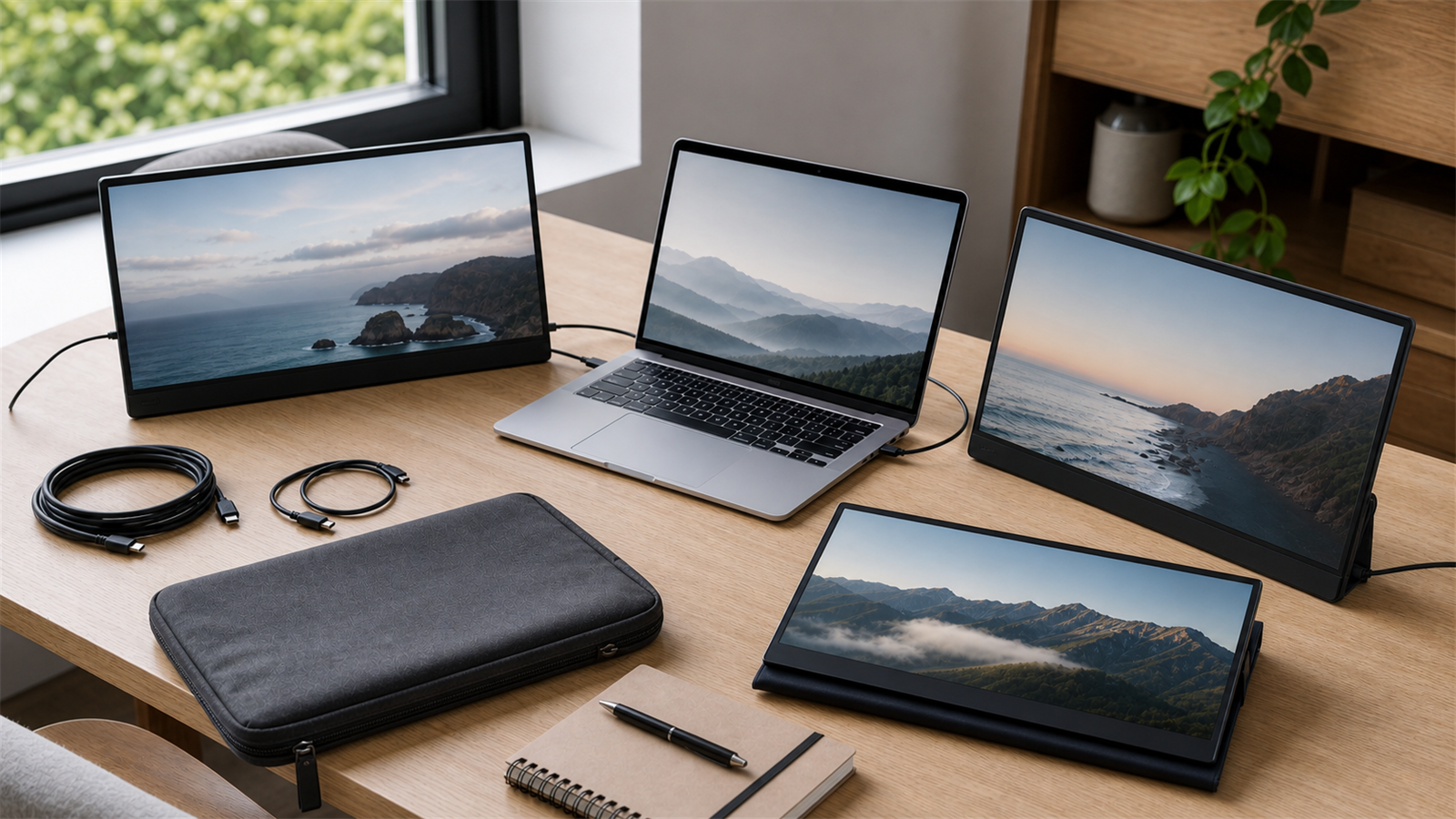ノートパソコンの横にモバイルモニターとケーブルを並べた作業デスクのイメージ