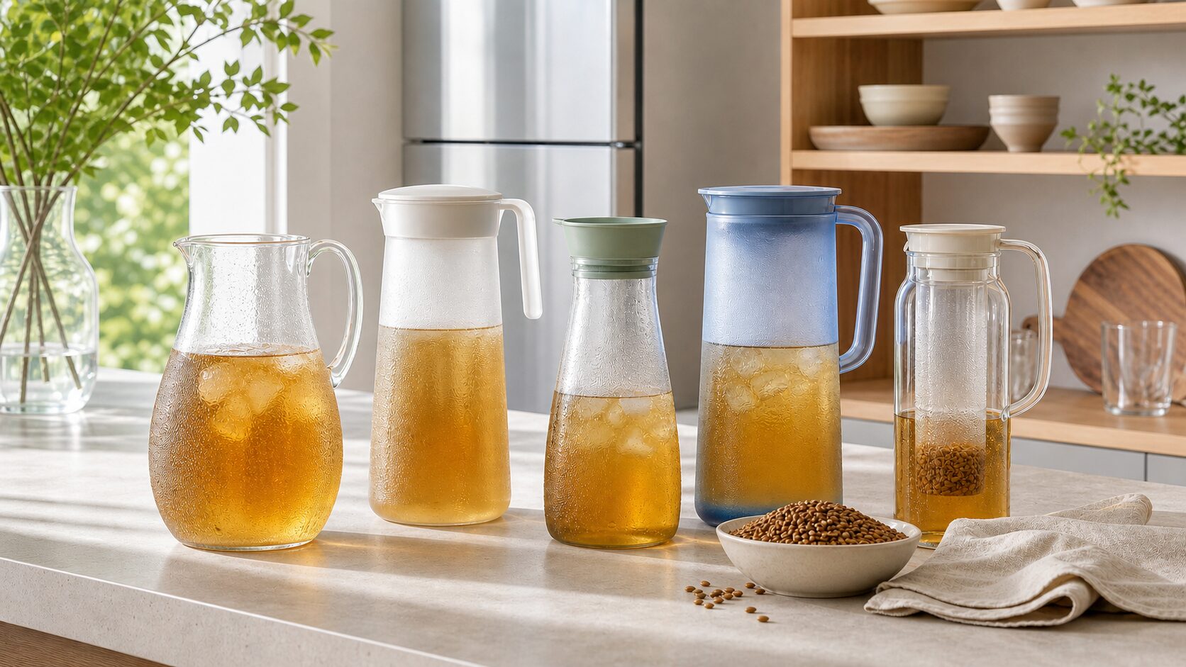 夏のキッチンに並べた形の異なる冷水筒と麦茶用の大麦