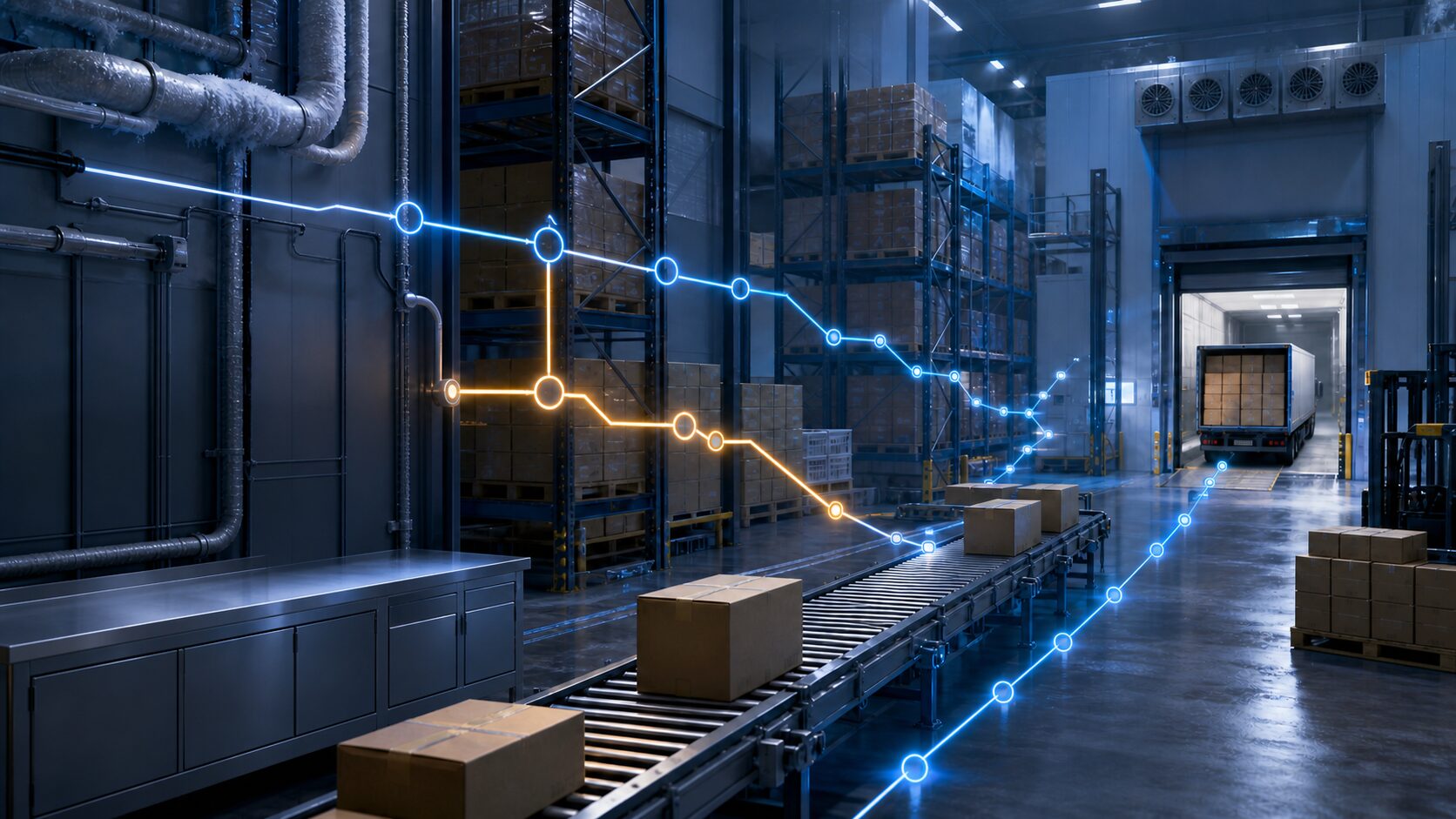 冷蔵物流センターのネットワークを安全に切り分け、出荷経路を復旧する様子を表したイメージ