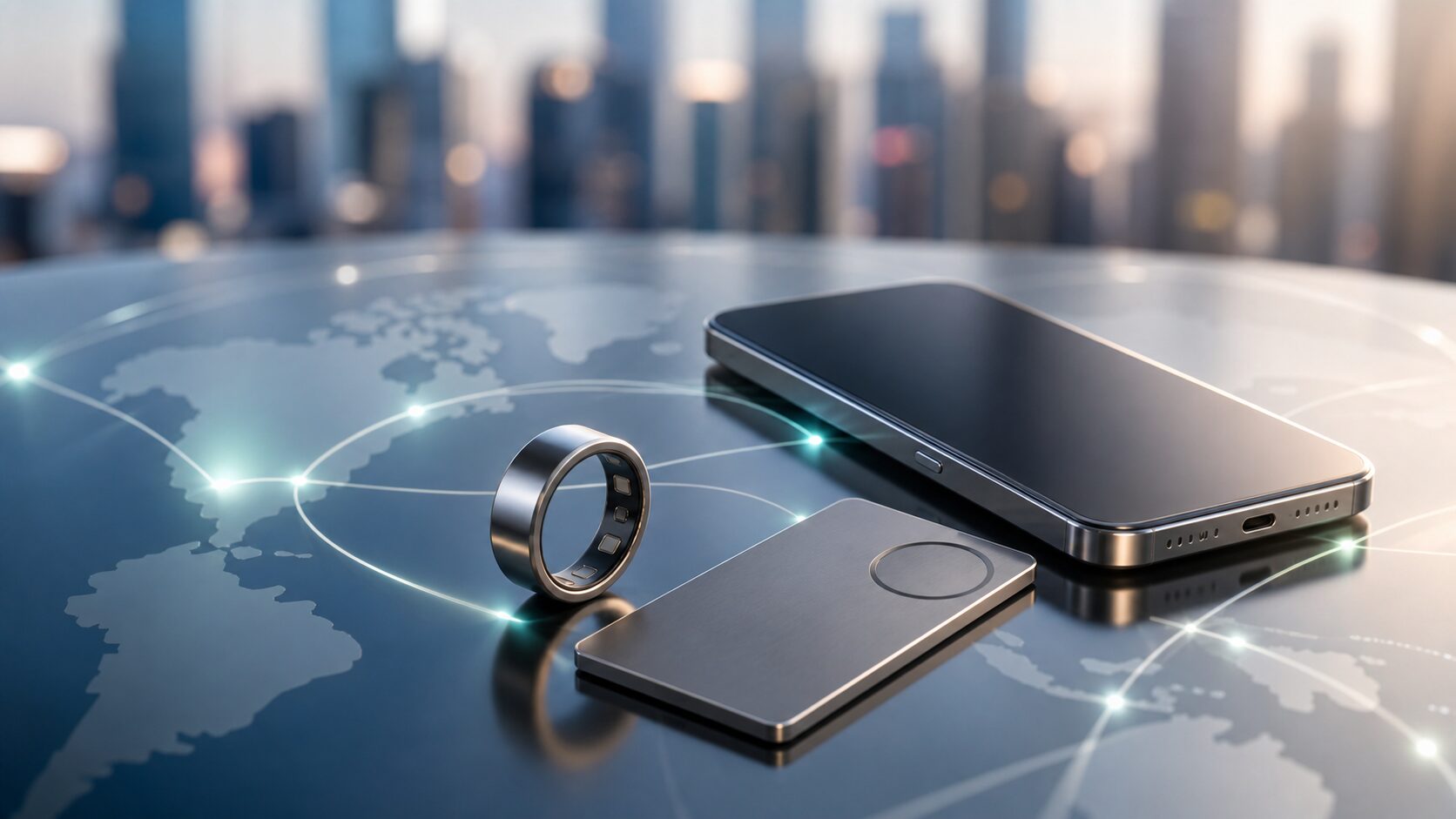 スマートリング、スマートフォン、デジタルキーを抽象的に並べた海外テックニュースのイメージ