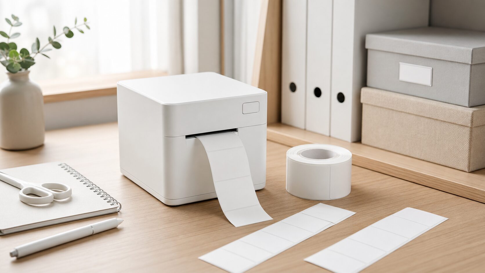整理収納用品のそばに置いた白い小型ラベルプリンターのイメージ