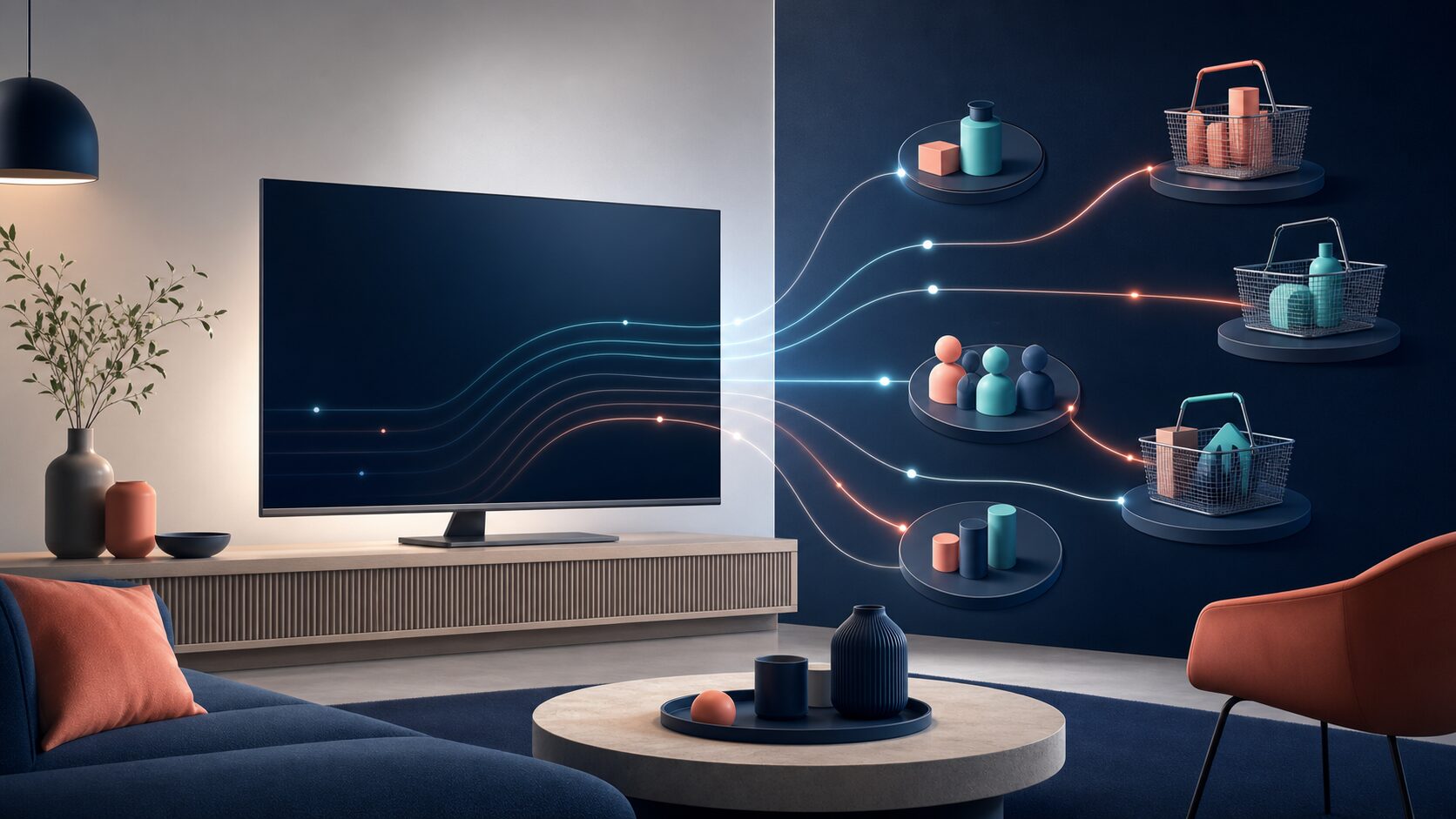 テレビ画面と購買データを抽象的な線で結んだ、テレビ広告分析を表すイラスト