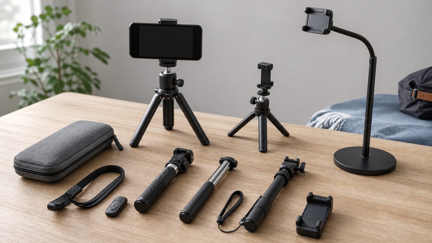 机の上に並べたスマホ三脚と自撮り棒を比較するイメージ