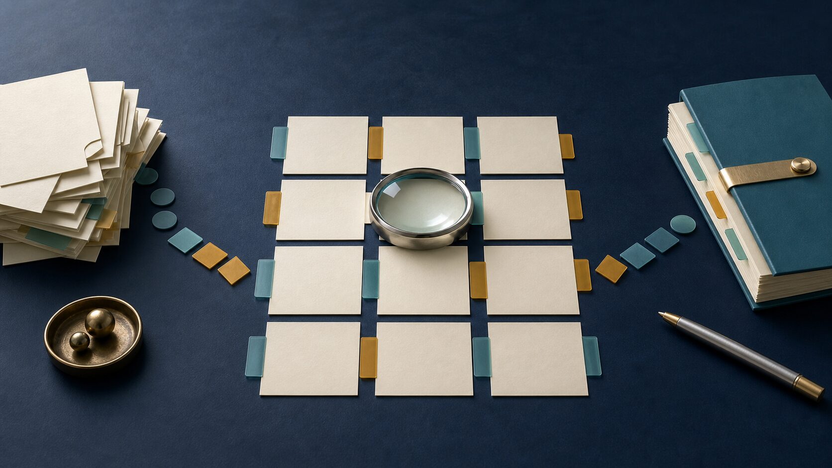 申請要件を整理した書類の交点を虫眼鏡で確認する様子を表した編集用イラスト