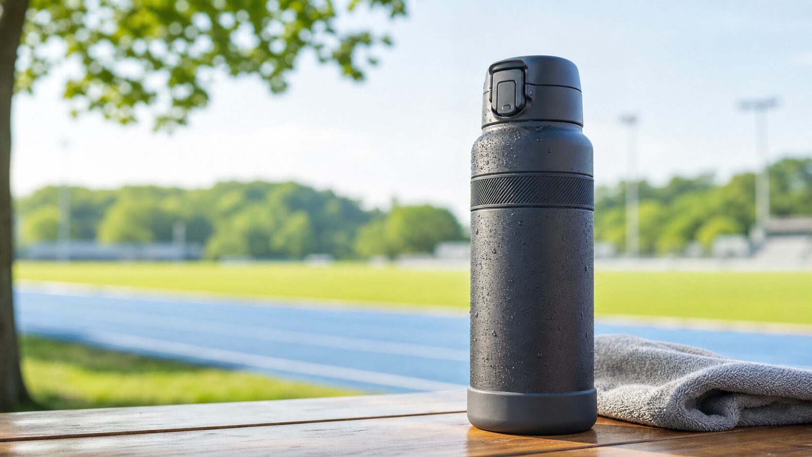夏の屋外で使う1リットル保冷専用スポーツボトルを表現したイメージ