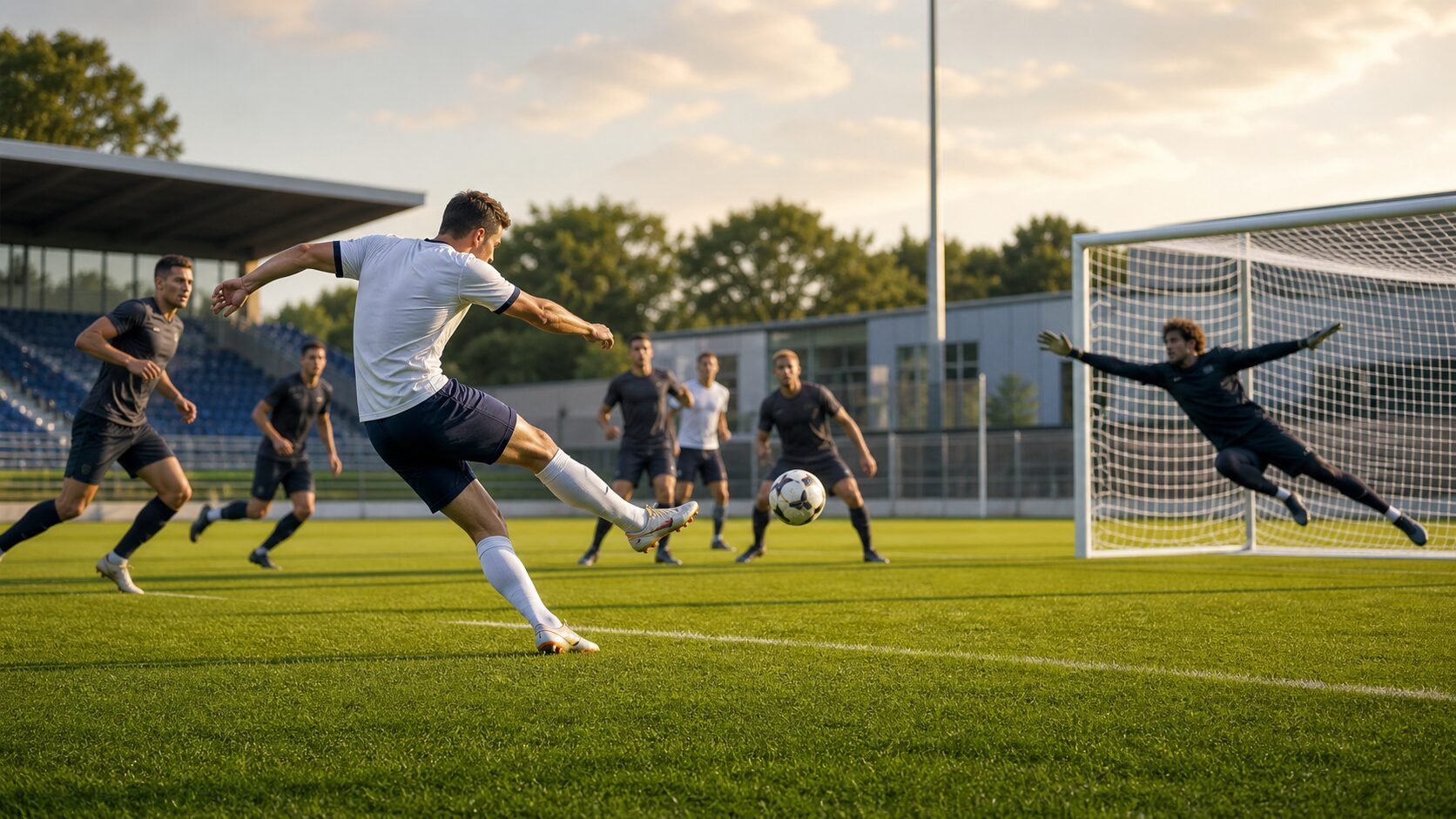 練習場のサッカー試合で、ペナルティーエリア外からボレーシュートを放つ選手を描いたイメージ