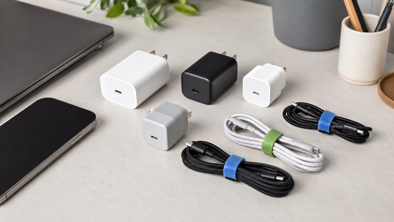 机上に並ぶ複数のUSB-C急速充電器とケーブルのイメージ