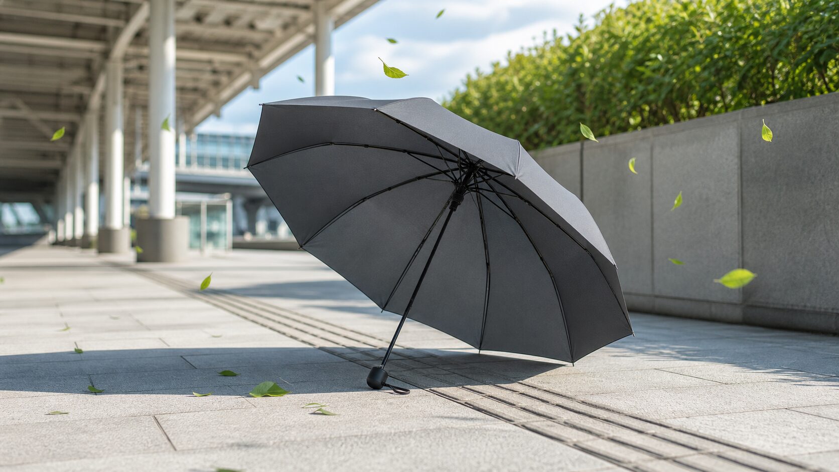 夏の屋外で風を受ける無地の晴雨兼用折りたたみ傘