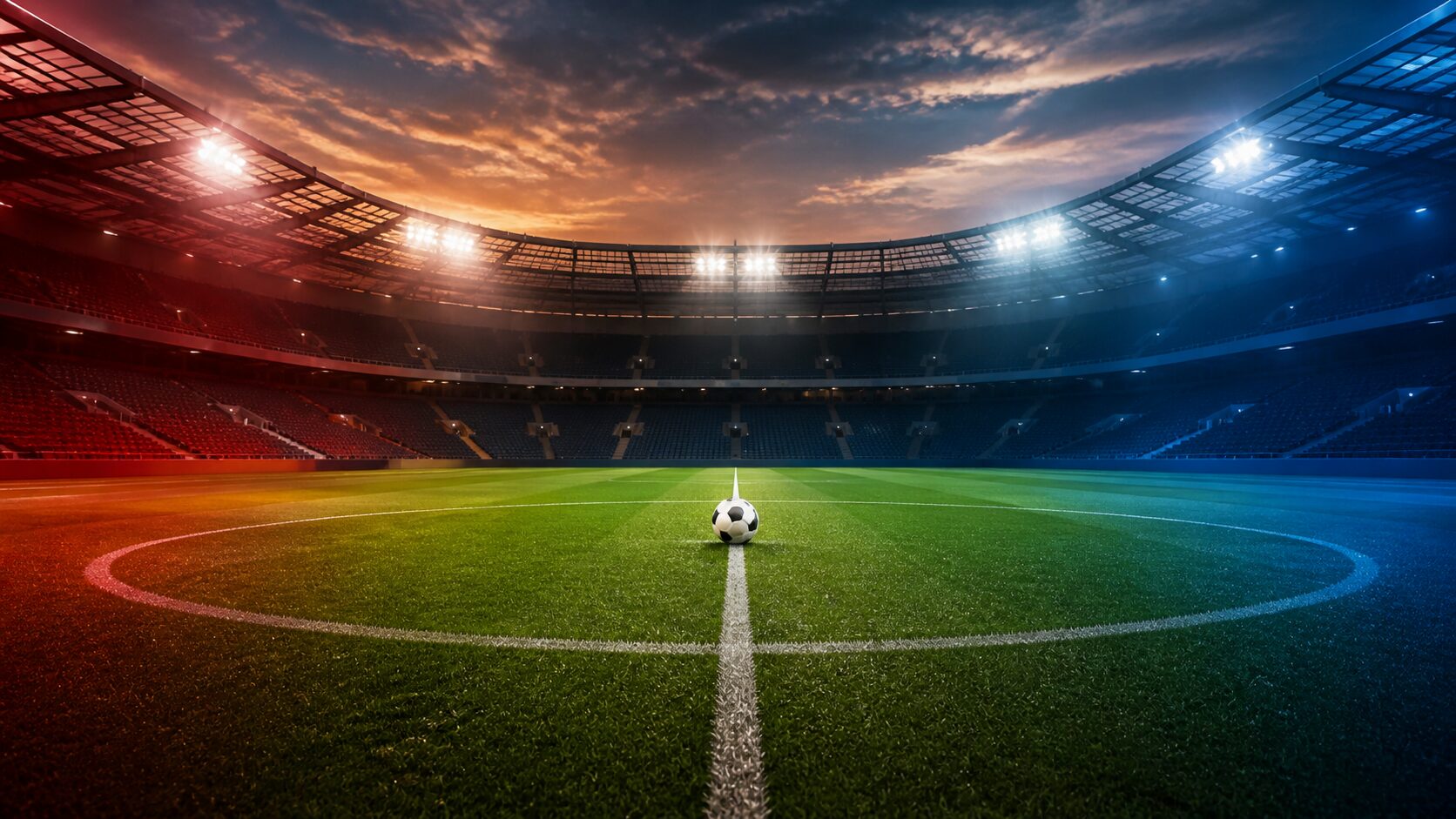 開幕戦を前にしたスタジアムのピッチと中央に置かれたサッカーボール