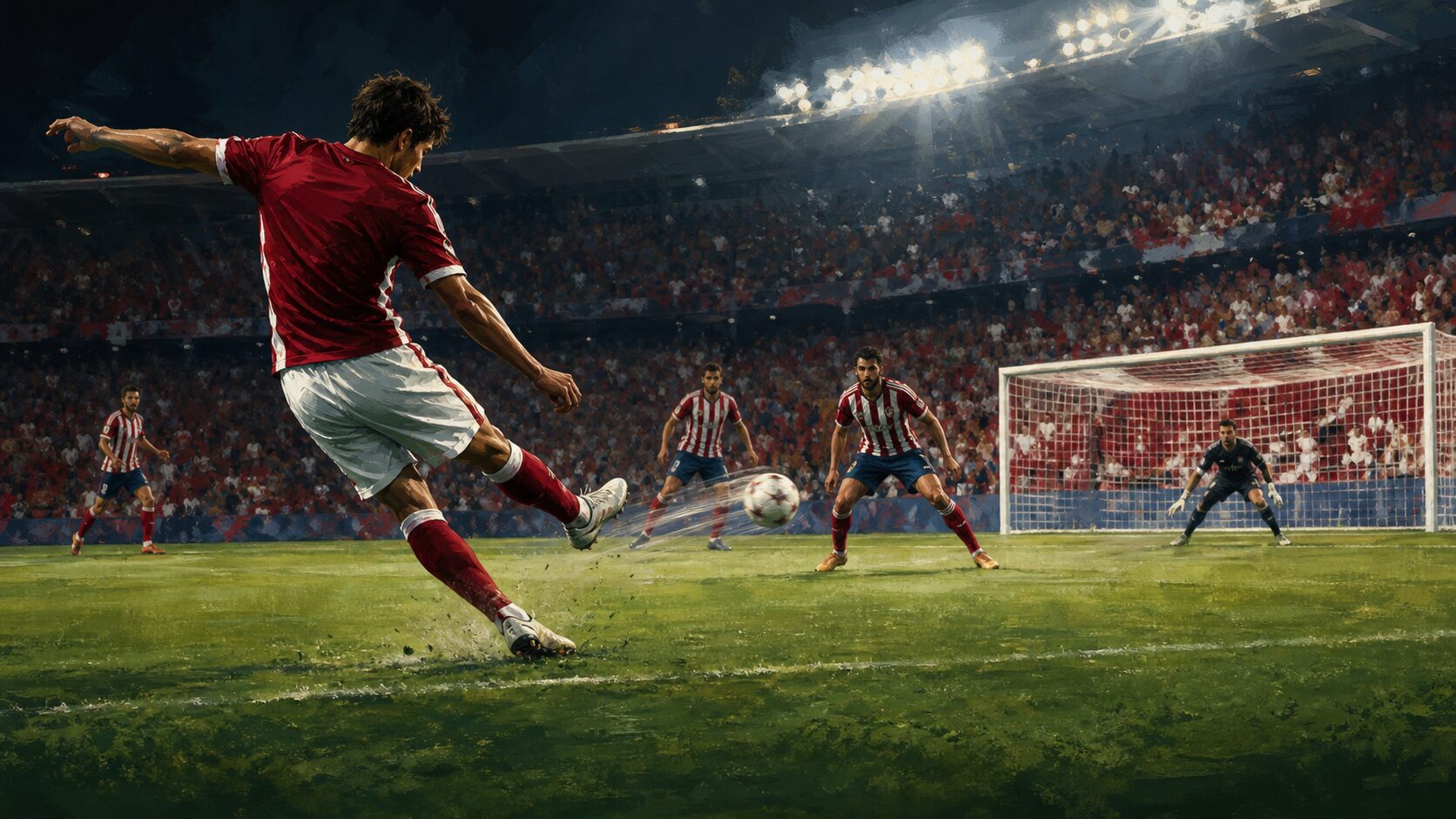 スペインの夜のスタジアムで左足のロングシュートを放つ選手を描いたサッカーのイメージ