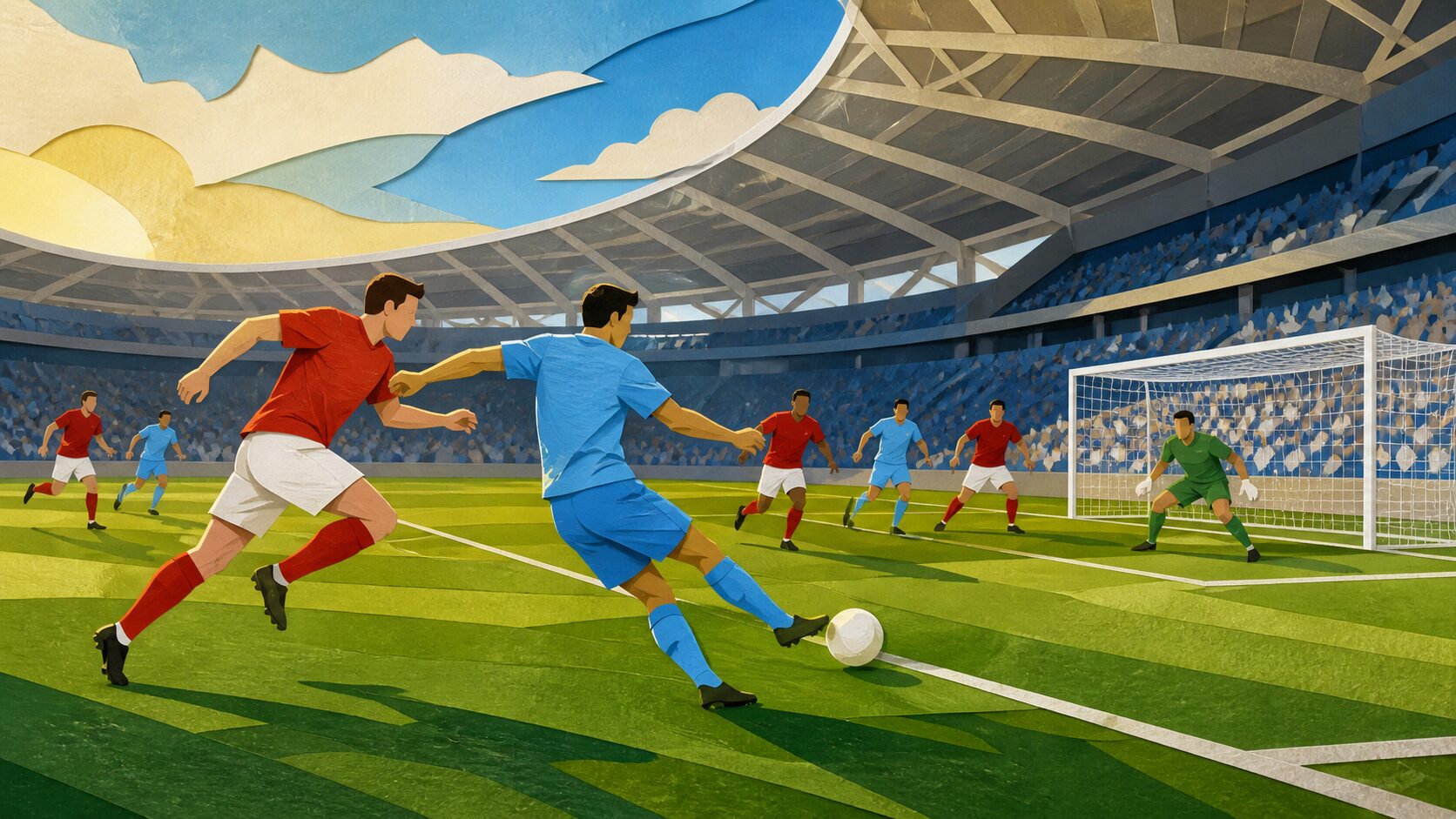 赤白と水色のユニフォームを着た匿名の選手が競り合う欧州サッカーのイメージ