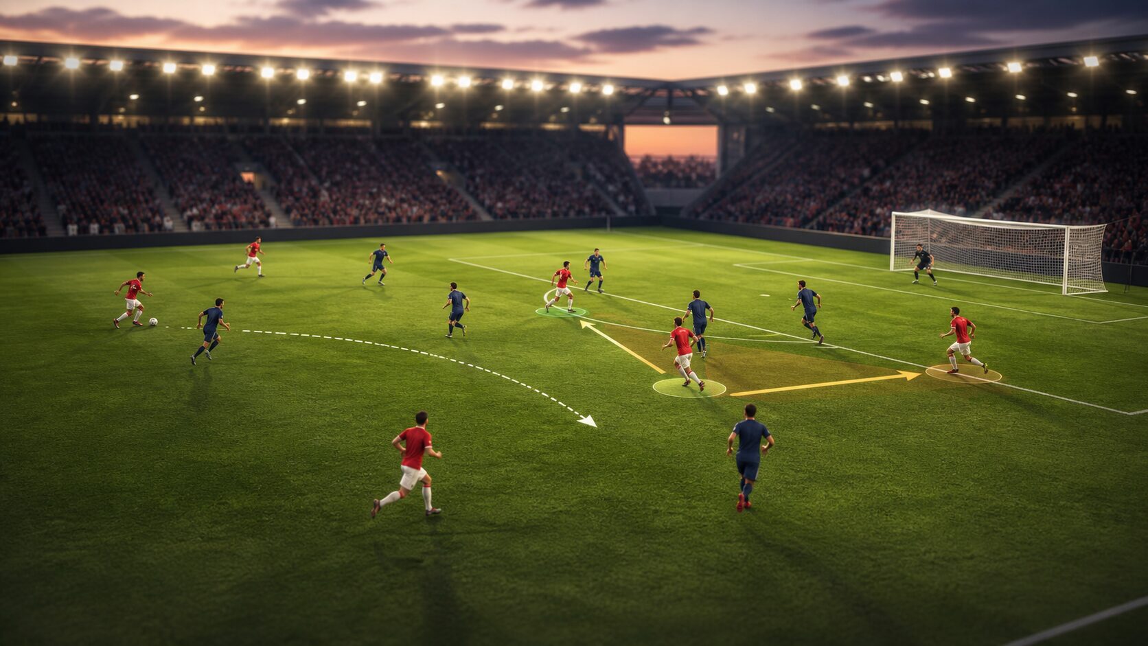 支配率で下回りながら攻勢をかける赤白ユニフォームのサッカーチームを描いたイメージ