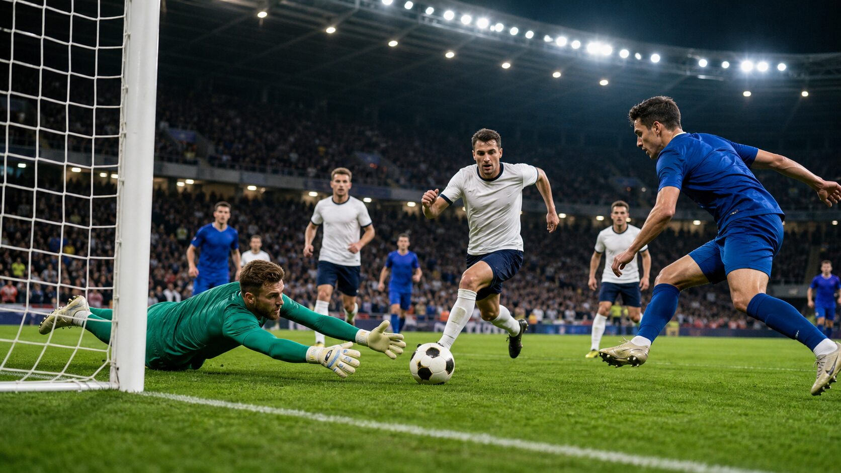 青と白のユニフォームの選手がゴール前で競り合い、GKがシュートを防ぐサッカーのイメージ