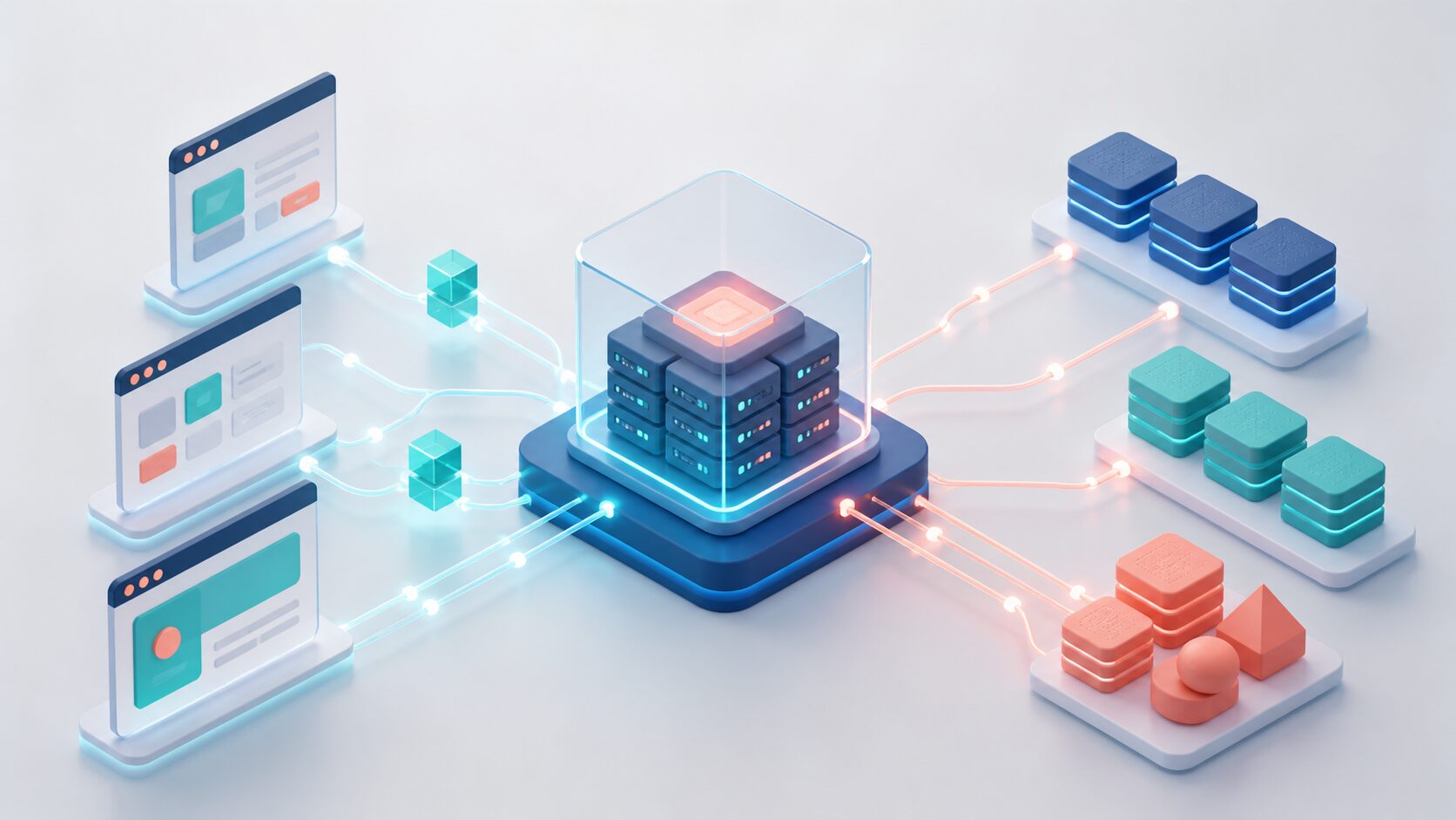 FastAPIのAPI層と静的フロントエンド配信が同じ基盤で連携する構成を表した抽象図
