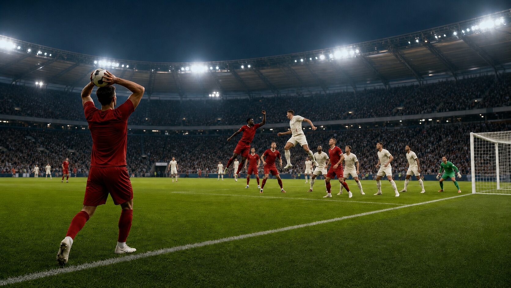 ロングスローからゴール前の競り合いが生まれるサッカーの試合を描いたイメージ