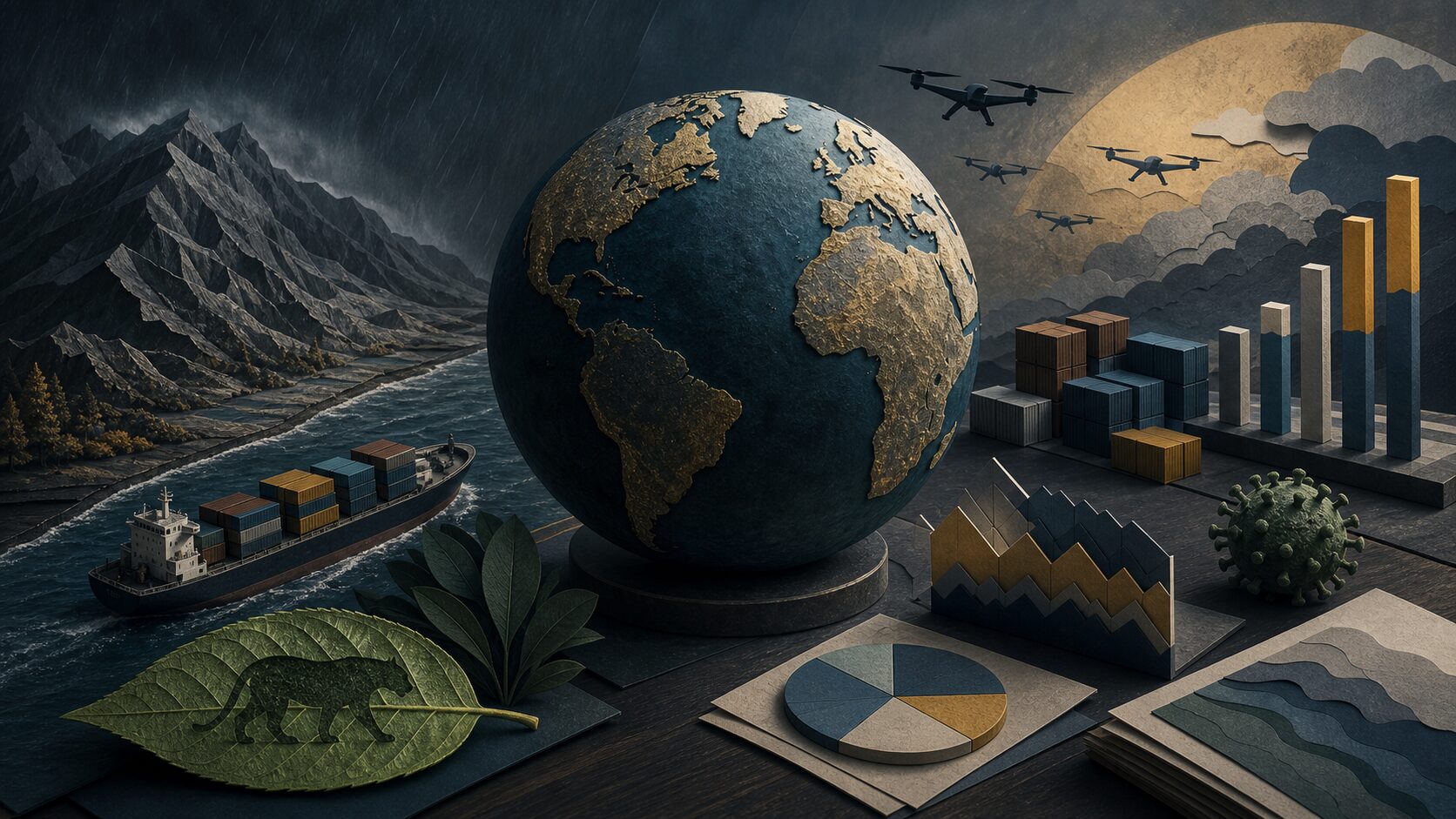 地球儀を中心に貨物船、無人機、物流、豪雨災害、生物多様性を象徴的に配置した国際ニュースのイメージ