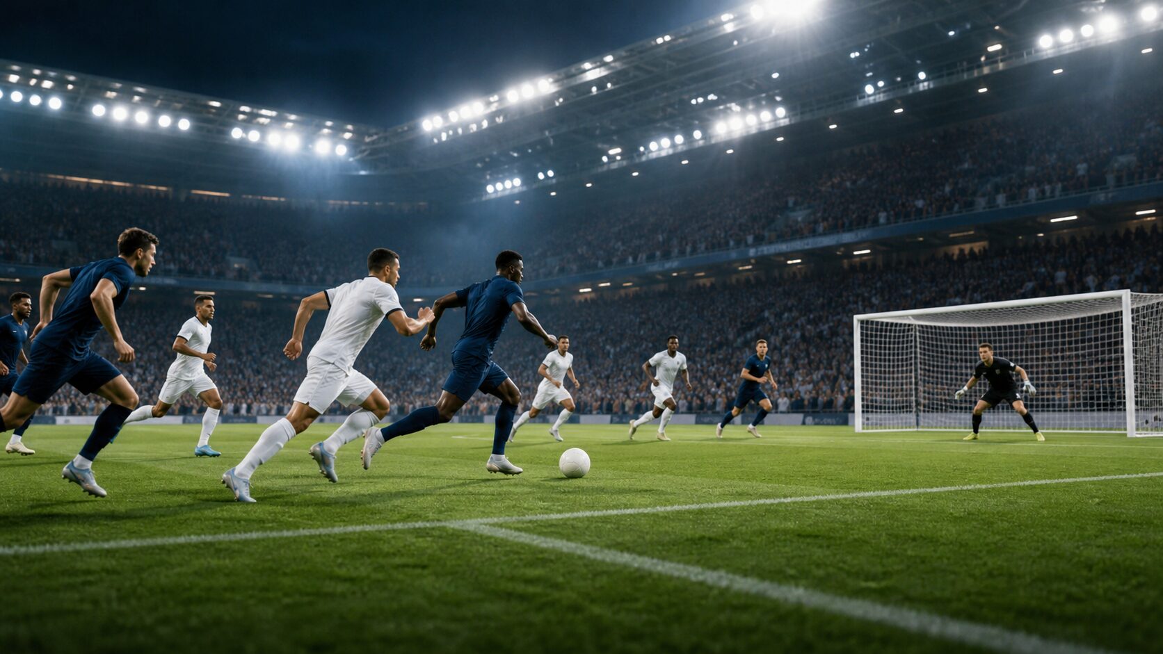 ロンドンの夜のサッカースタジアムで攻守が切り替わる場面を表したイラスト