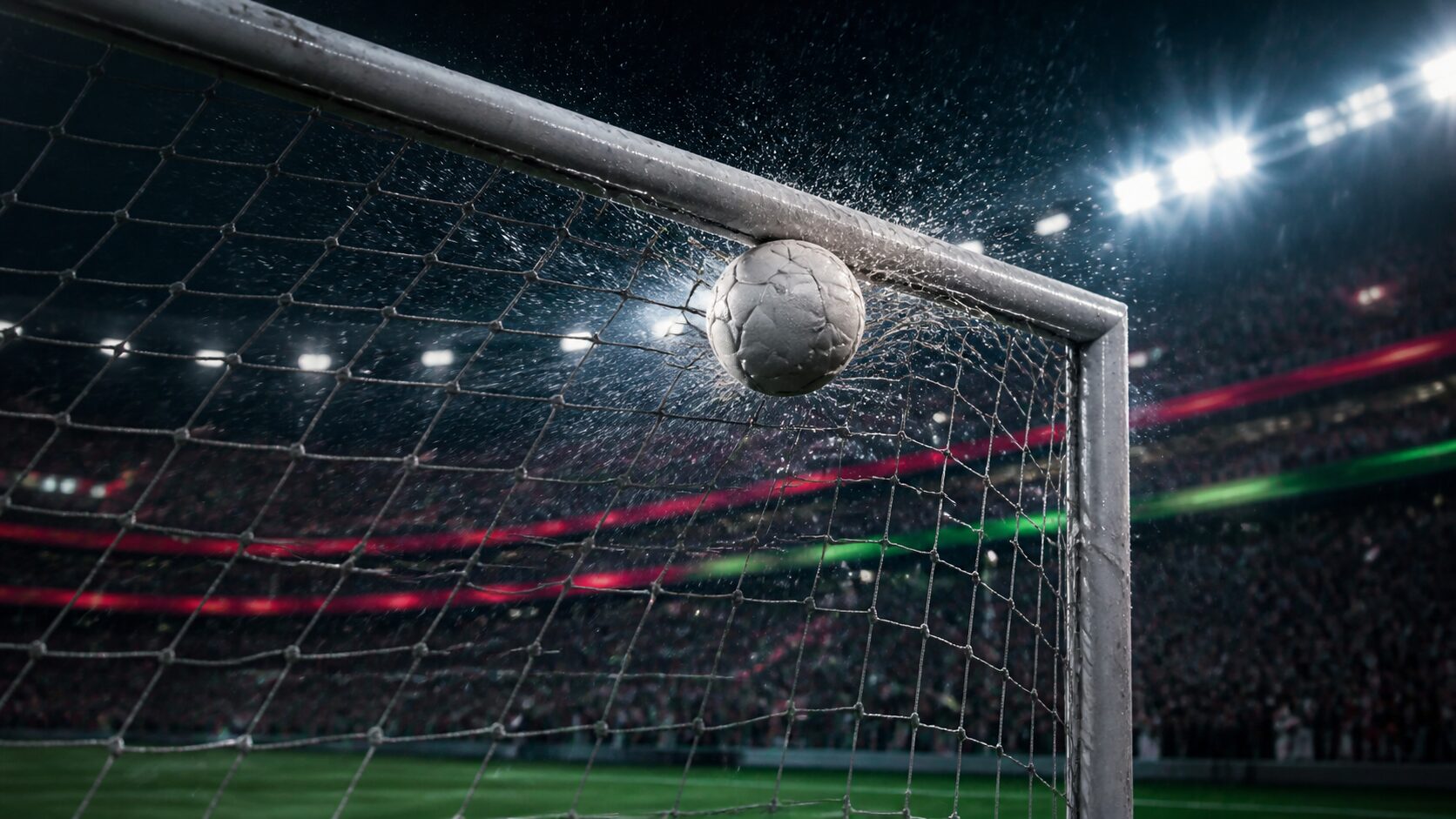 雨のスタジアムでボールがクロスバー下を捉える瞬間を描いたサッカーのイメージ