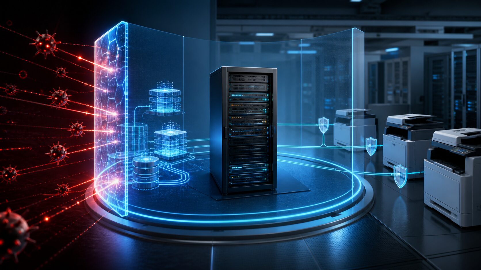 印刷管理サーバーをネットワーク分離とログ保全で守る様子を表したイメージ
